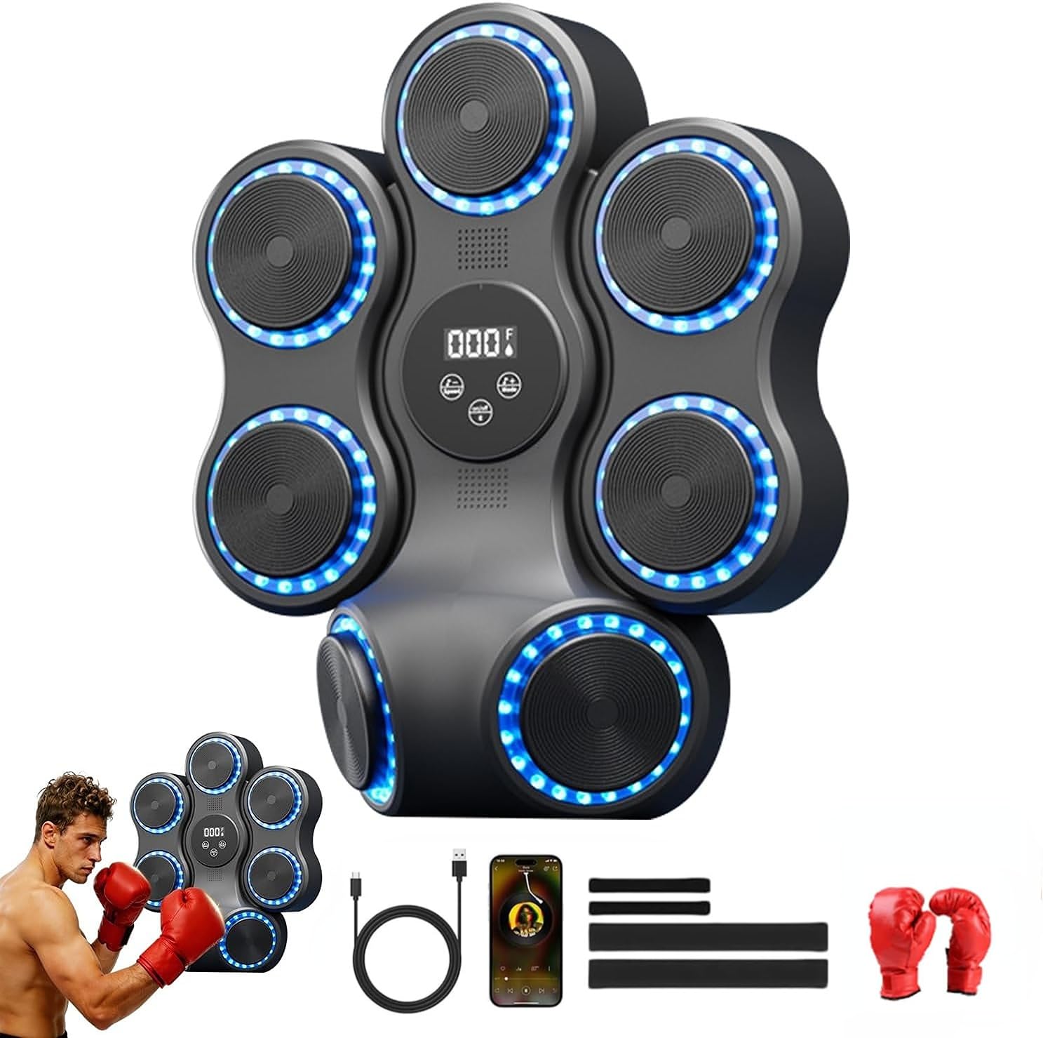 Music Boxing Machine, Wall Mount Smart Training Equipment with Bluetooth Music Function & LED Lighting, 9 Speed Levels and 11 Training Modes, for Home Office Gym (B (+ Children's Boxing Gloves))