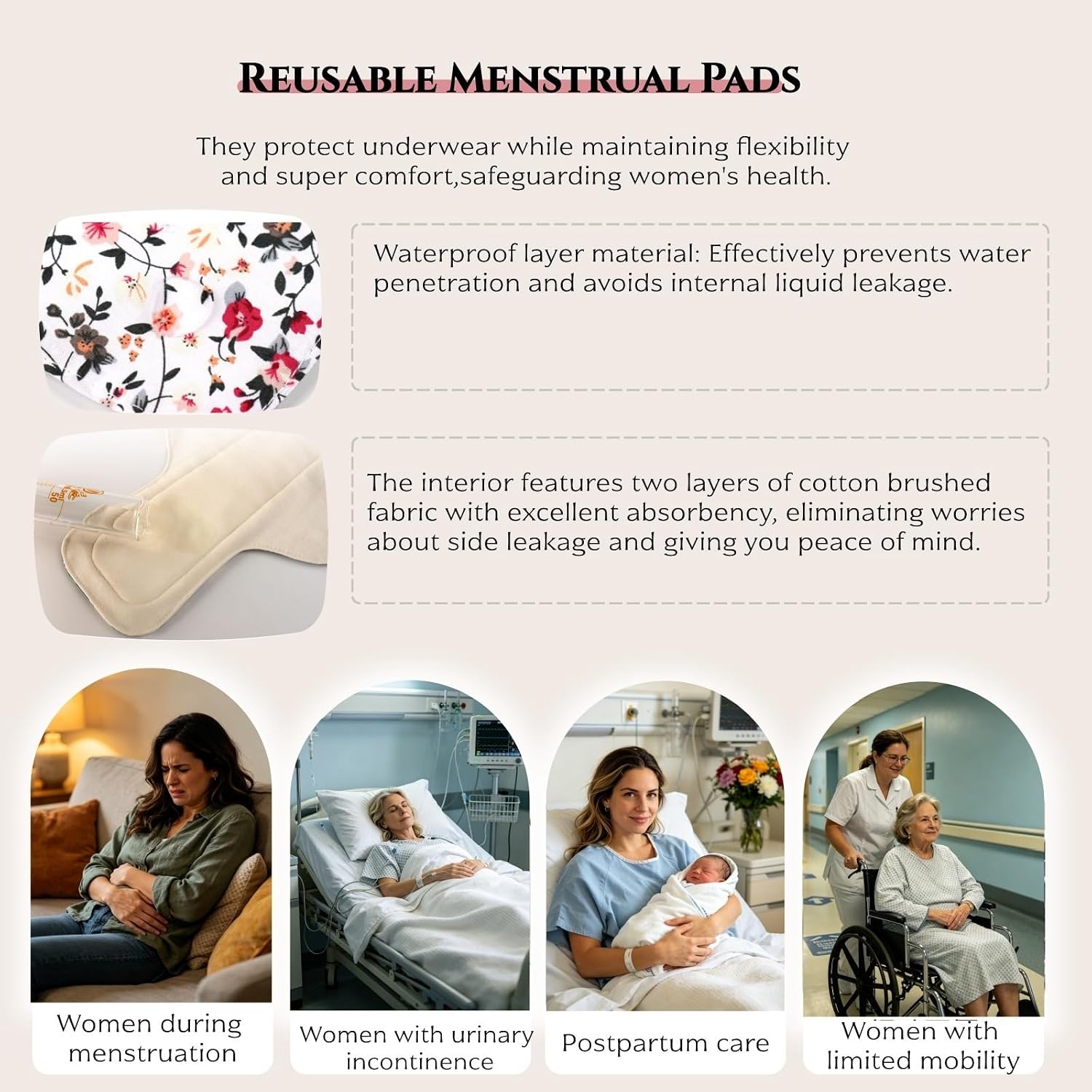 Reusable Menstrual Pads 8 Pcs with 1 Cloth Wet Bag,Absorbent Cloth Pads for Heavy Flow,Sanitary for Women