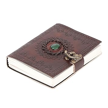ALCRAFT Real Leather Green Stone Brown Embossed Handmade Diary with Metal Lock -Size of (H) 6*(L) 4.5 Brown - image, photos