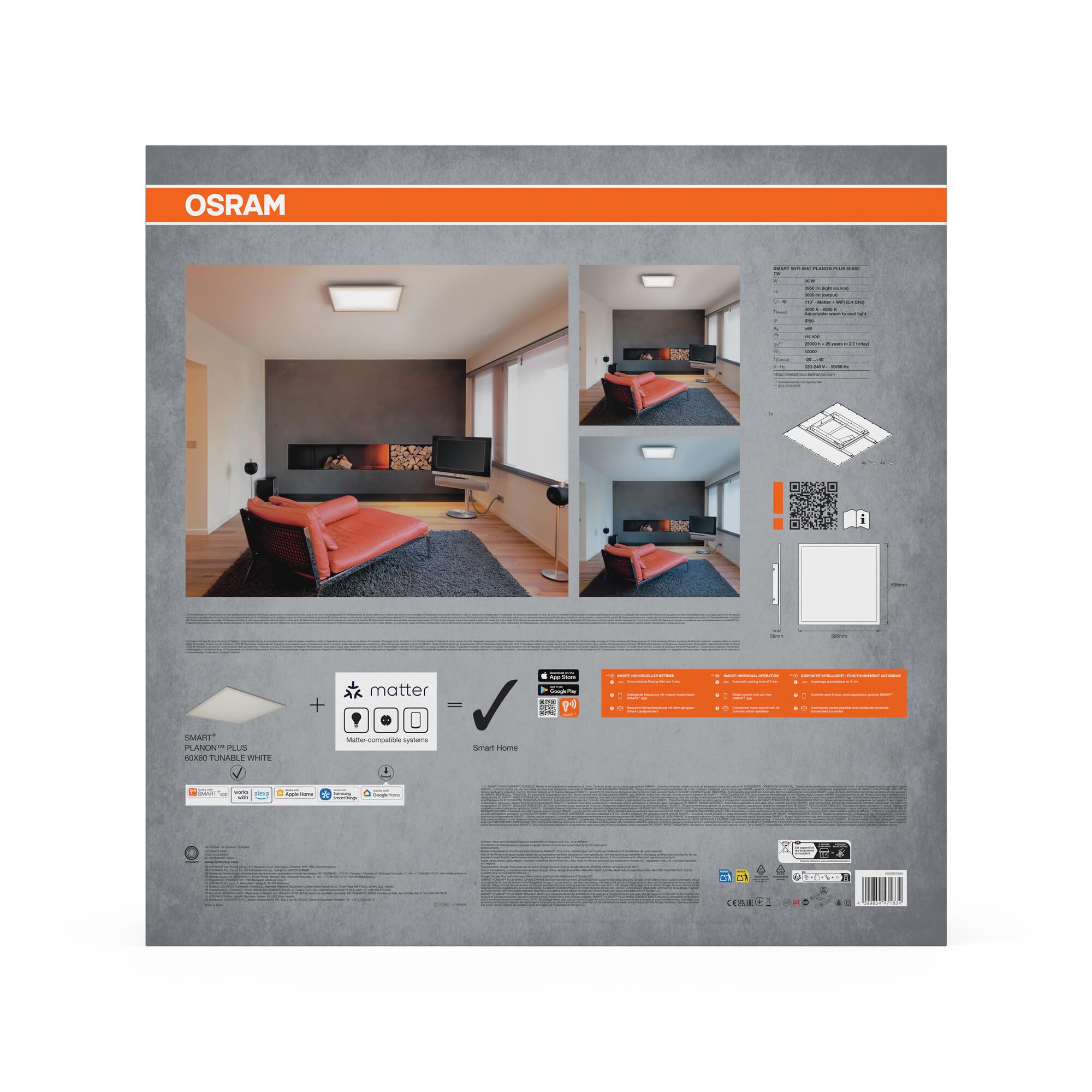 OSRAM SMART+ Matter Planon Plus PANEL LED TUNABLE WHITE, 600x600mm, 36W, 3000lm, 3000-6500K, Matter WLAN