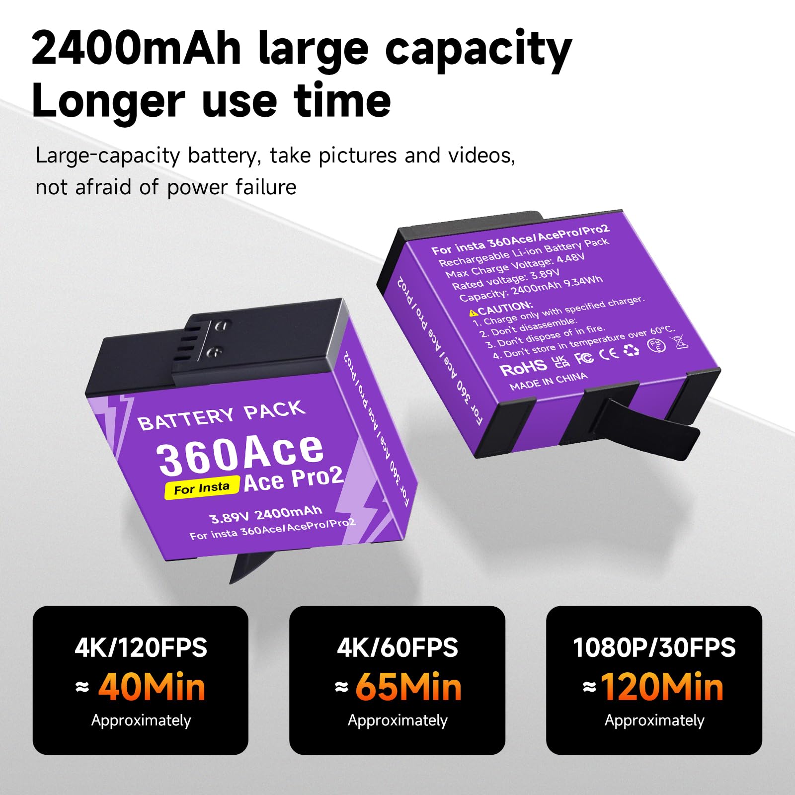 CITYORK Caricatore a 3 slot e 3 batterie da 2400 mAh, compatibile con Insta360 Ace e Pro, batteria di ricambio per Insta360 Pro, con display LCD e cavo USB