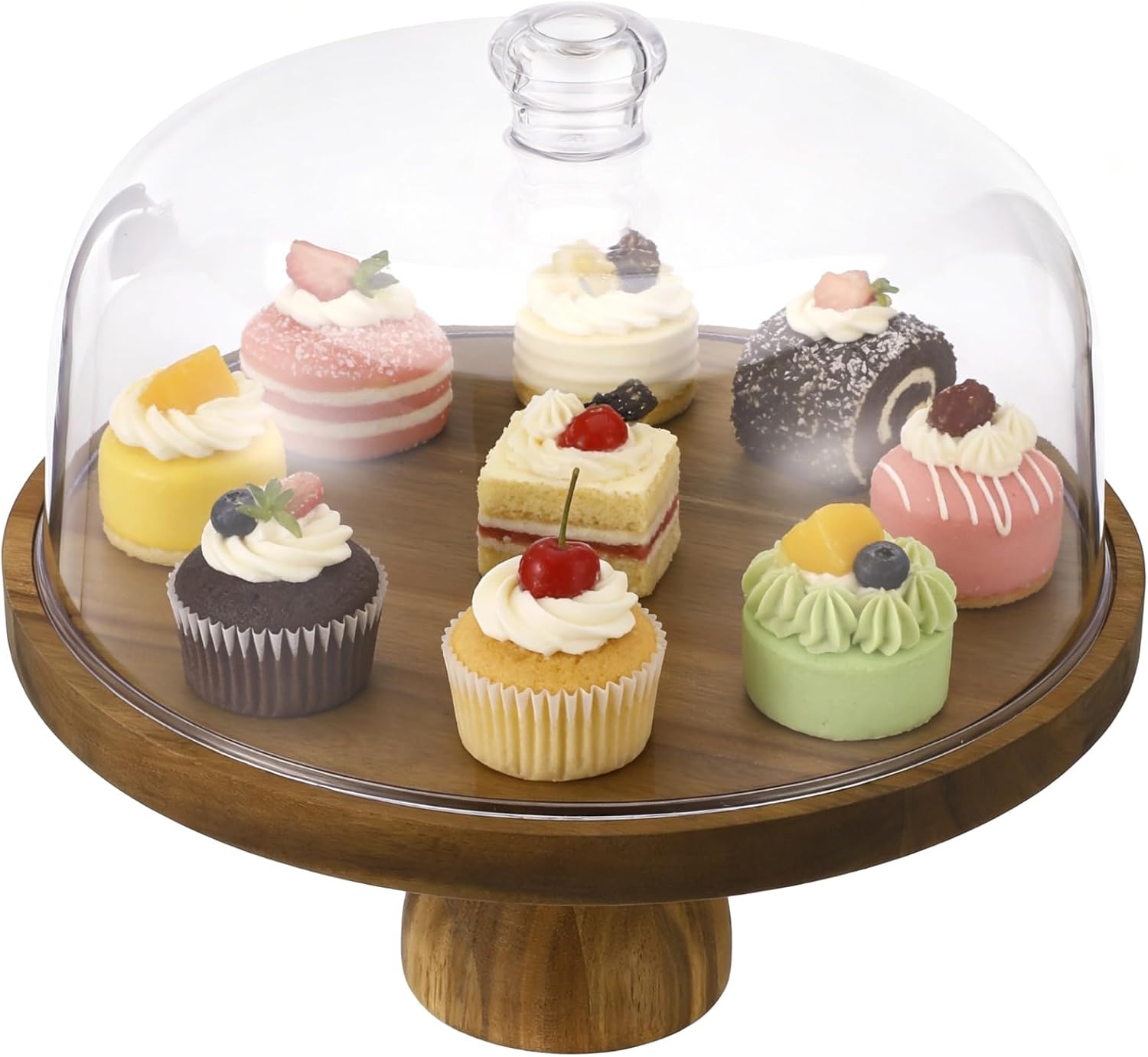 Acacia Wood Cake Stand with Acrylic Dome Lid, 12 Inch Round Cake Holder Dual-Use Dessert Plate Charcuterie Board for Birthday Parties, Weddings, Holiday Events