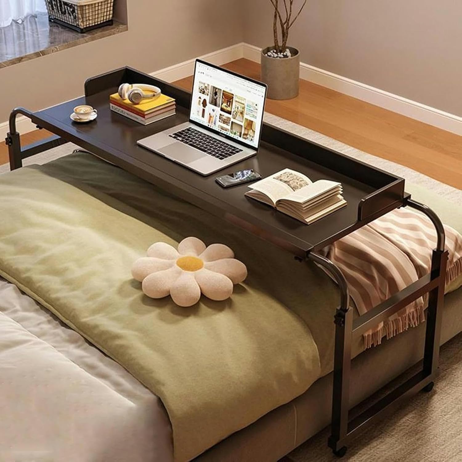 115-210cm Overbed Table with 4 Wheels, Standing Workstation Bed Table Adjust Height 65-95cm Computer Desk Food Tray Desk Rolling Medical Table for Home