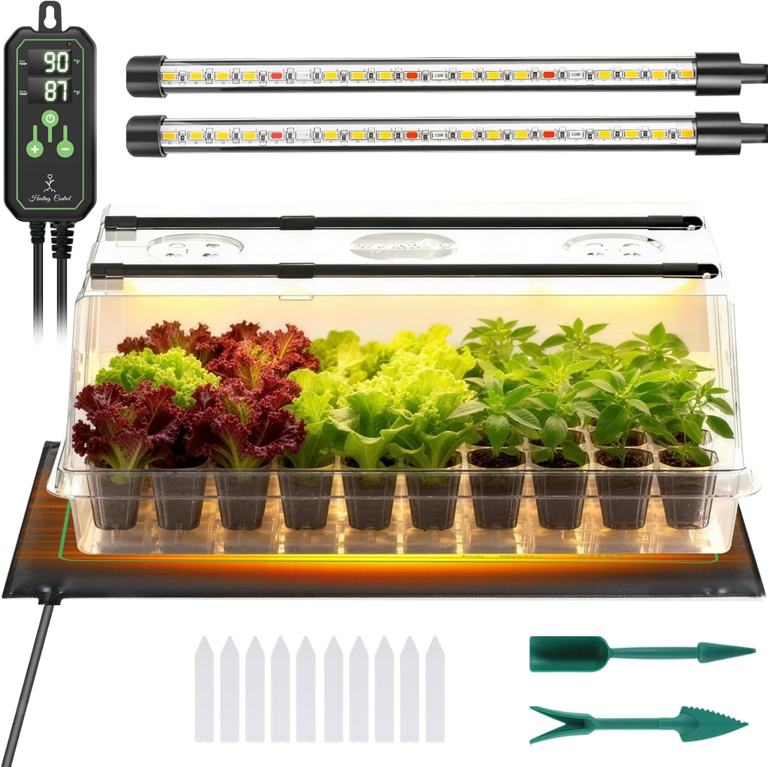 Seed Starter Tray with Grow Light and Thermostat Controller Heat Mat, 10"x 20.75" Heat Mats for Plant Growing，68-113°F Adjustable，Color Change Grow Lights，Germination Trays Kits (Green, 60 Cells)
