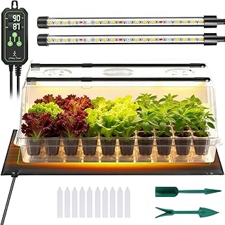 Large Seed Starter Tray with Grow Light and Thermostat Controller Heat Mat, 10"x 20.75" Heat Mats for Plant Growing，68-113°F Adjustable，Color Change Grow Lights，Germination Trays Kits