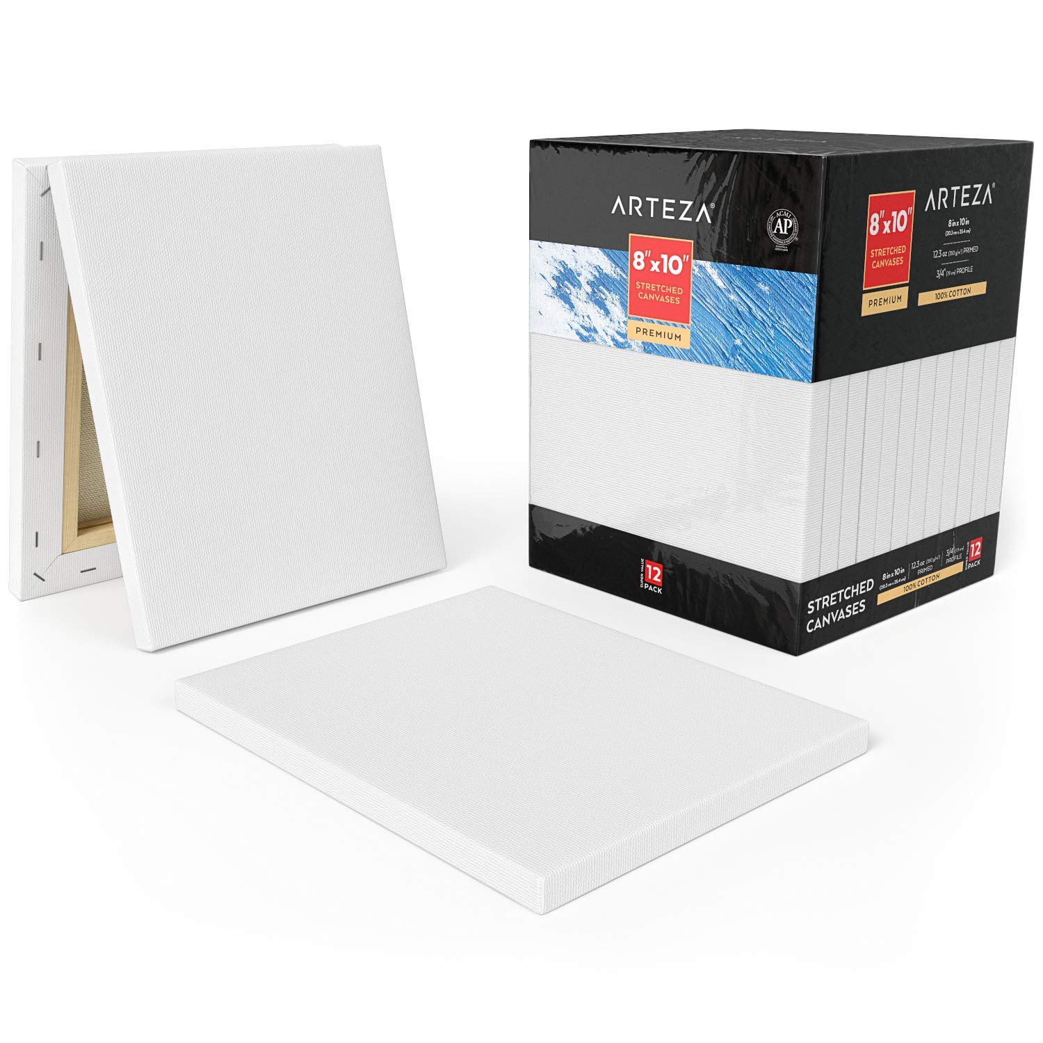 Arteza Lienzos estirados Premium, 8x10” (20,3x25,4 cm), pack 12 lienzos imprimados 100% algodón para pintura, pouring acrílico, óleo y medios húmedos, artista, pintor aficionado y principiante