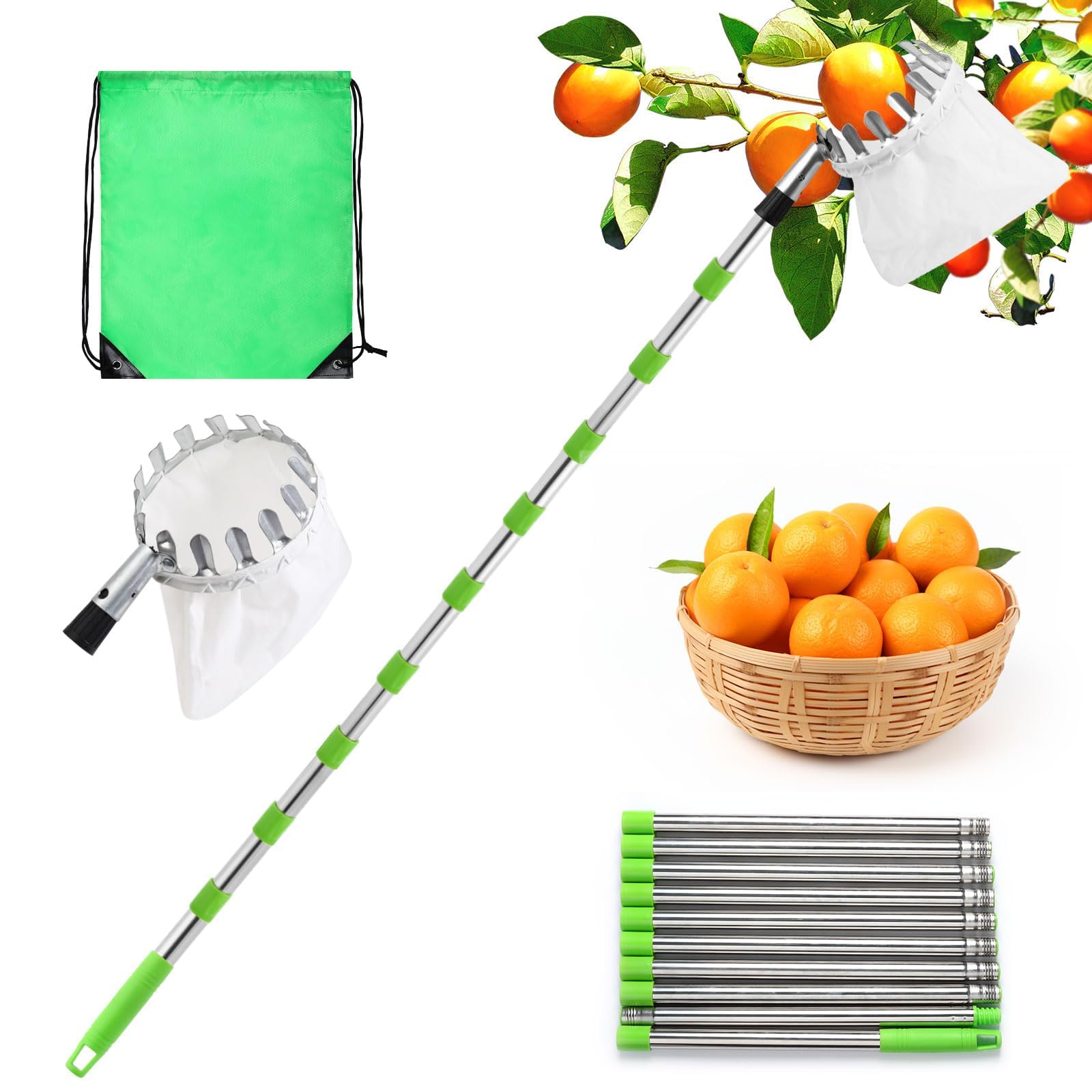 Recoge Frutas Telescopico, 4,2m Palo Extensible Recogedor De Frutas con Bolsa - Acero Inoxidable Mango Telescópico Frutas Herramientas Recolectoras (4,2m)