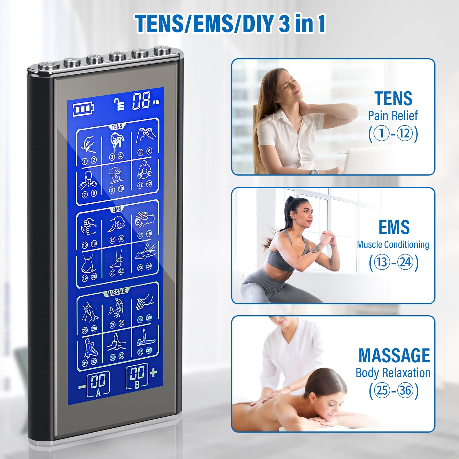 Elettrostimolatore Muscolare 3 in 1 TENS Elettrostimolatore a Doppio Canale 36 Modalità 20 Livelli di Intensità con 10 Elettrodi per Alleviare Il Dolore e Costruire Muscoli
