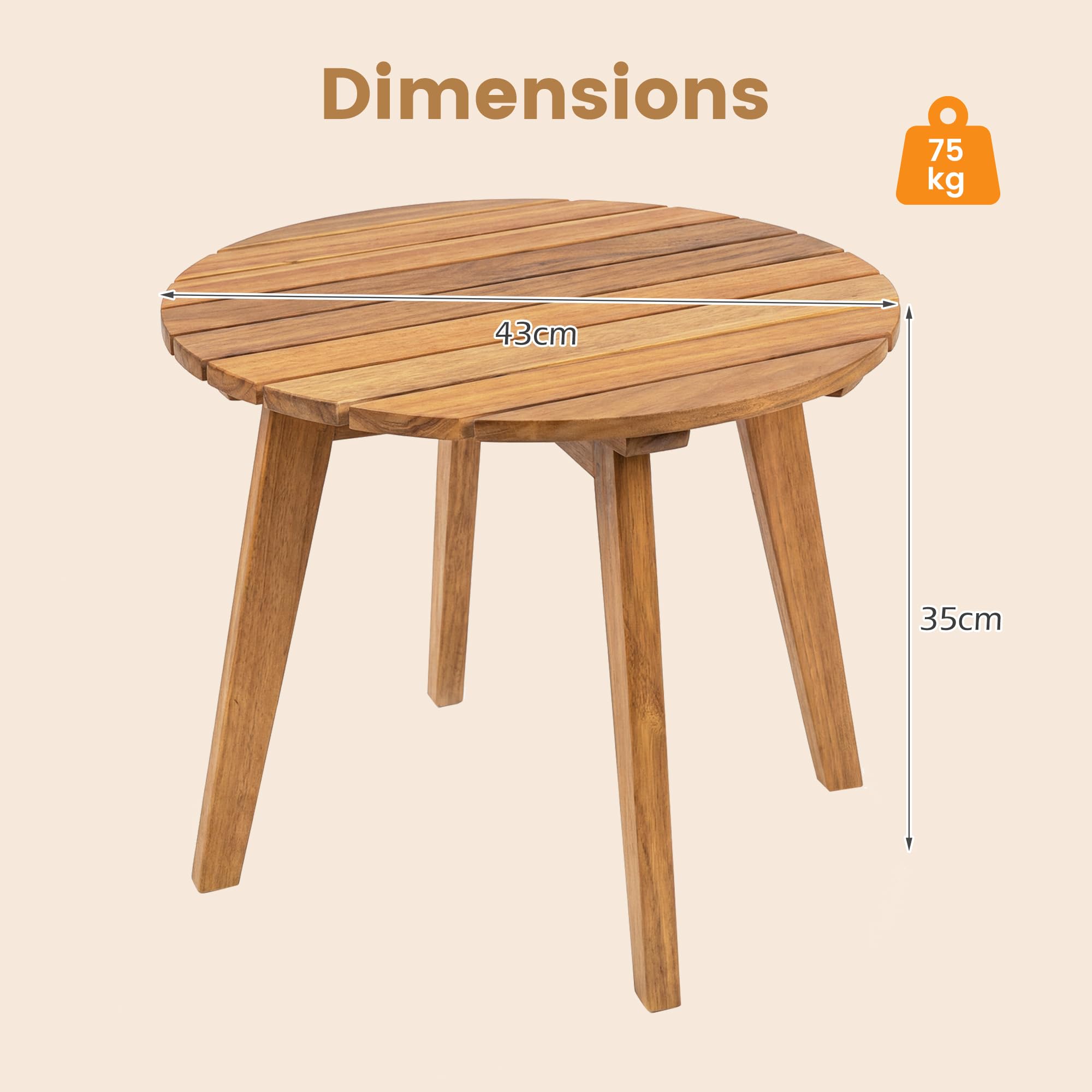 GIANTEX Table Ronde Exterieur Bois Acacia Massif Bout de Canapé Plateau à Lattes Petite Table Basse d'Appoint Jardin Ø 43 x 35 cm Charge 75 kg