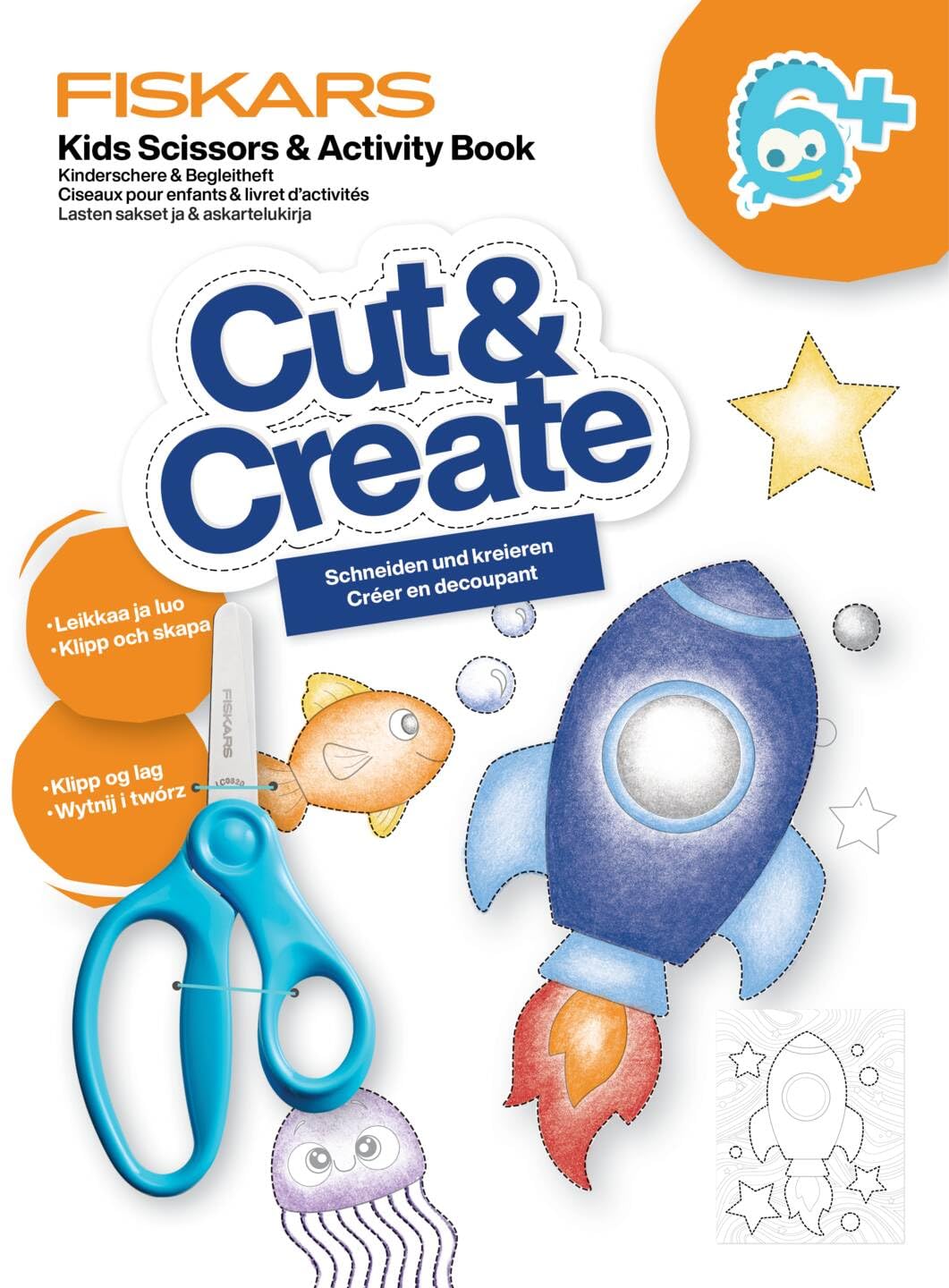 Fiskars children's scissors and craft book with tips & tricks, From 6 years, For right-handed use, Stainless steel/plastic, Blue, 1077664