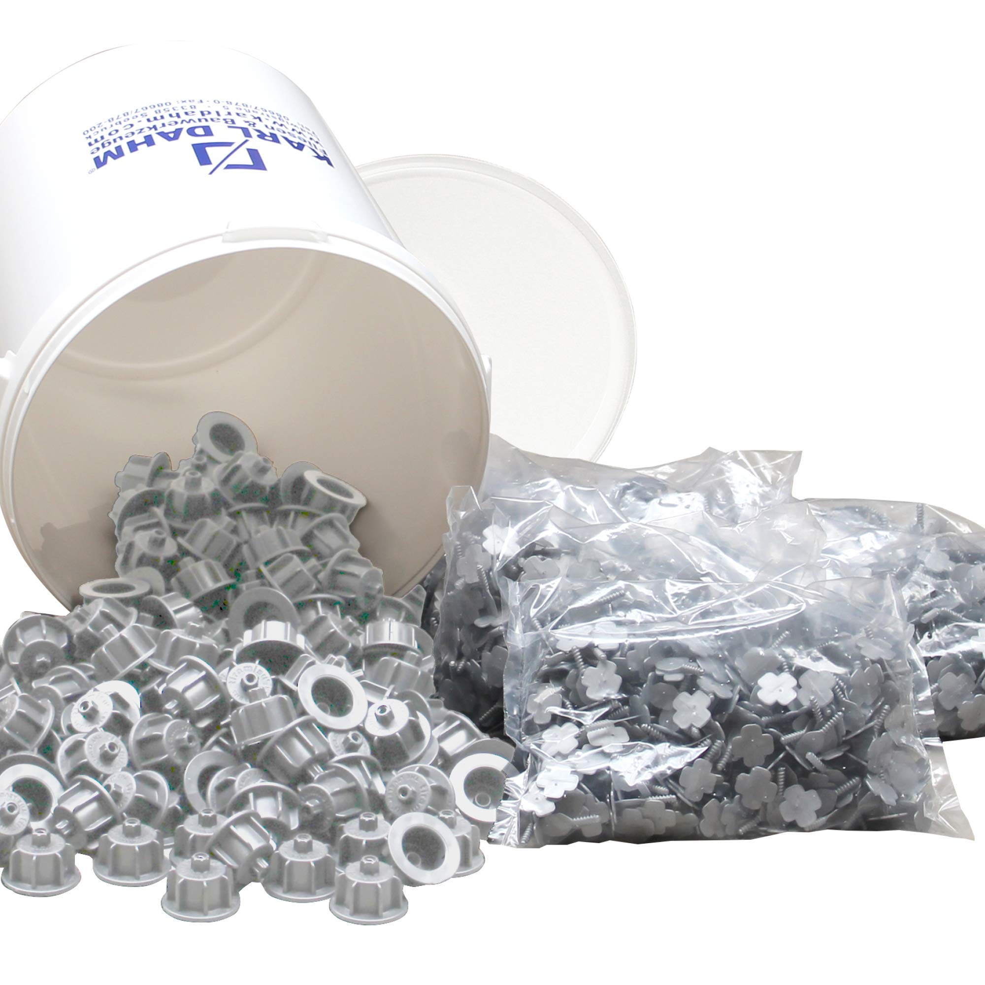 Karl Dahm System poziomowania płytek Maxi zestaw do fug 1 mm: 150 szarych zaślepek do płytek o grubości 12-20 mm + 1500 podstawowych nakrętek gwintowanych + wiaderko I lekkie i profesjonalne pomoc przy układaniu płytek – 12503