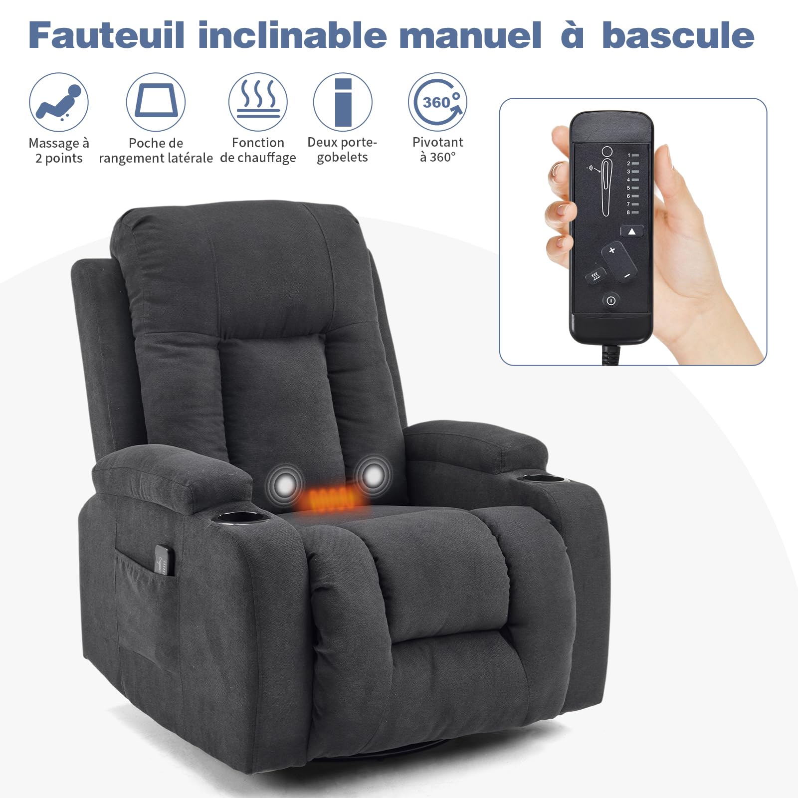 LEADZM Fauteuil Relax avec Fonction électrique Massage,avec 360° Chaleu et Tourner Réglage Manuel de Inclinaison Fauteuil Relaxant avec Repose-Pied,Télécommandes,Noir