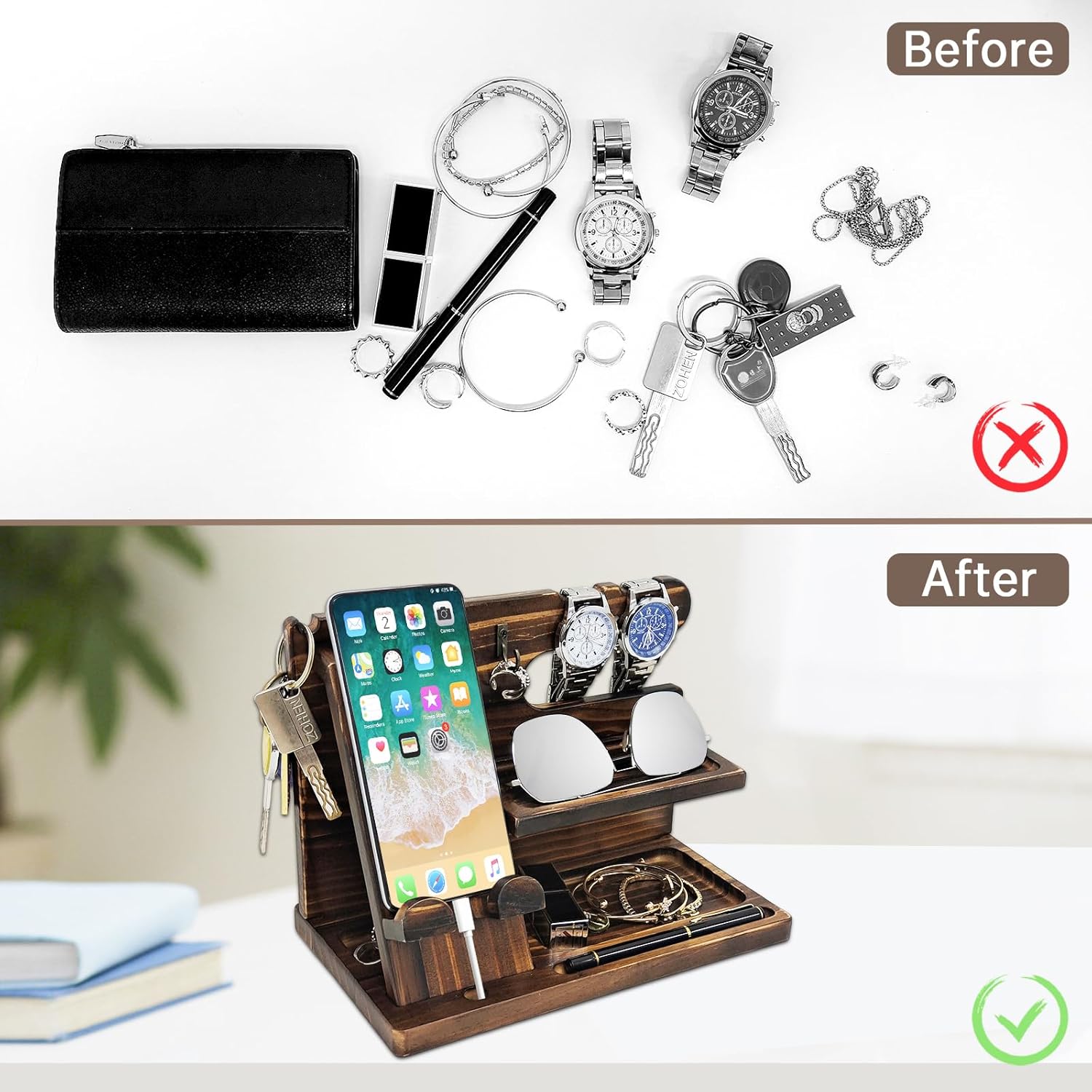 Gifts for Men Wood Phone Docking Station Birthday Gift for Men Valentines Day Gifts Father Gift for Him Boyfriend Nightstand Organizer Desktop Phone Stand Brown