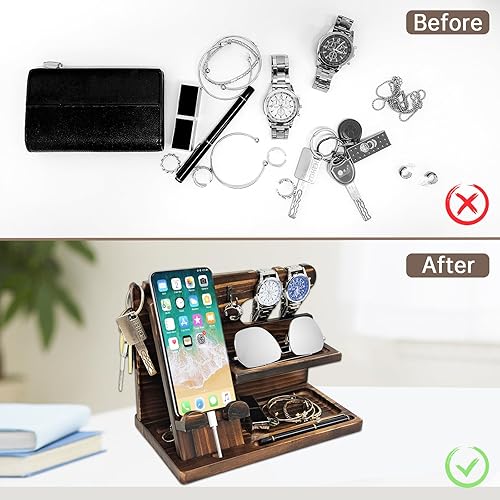 Miniatura 4 de Estación de acoplamiento de madera para hombre, mesita de noche, organizador, regalos para él, regalos de cumpleaños para hombrespapáesposoélpadre,
