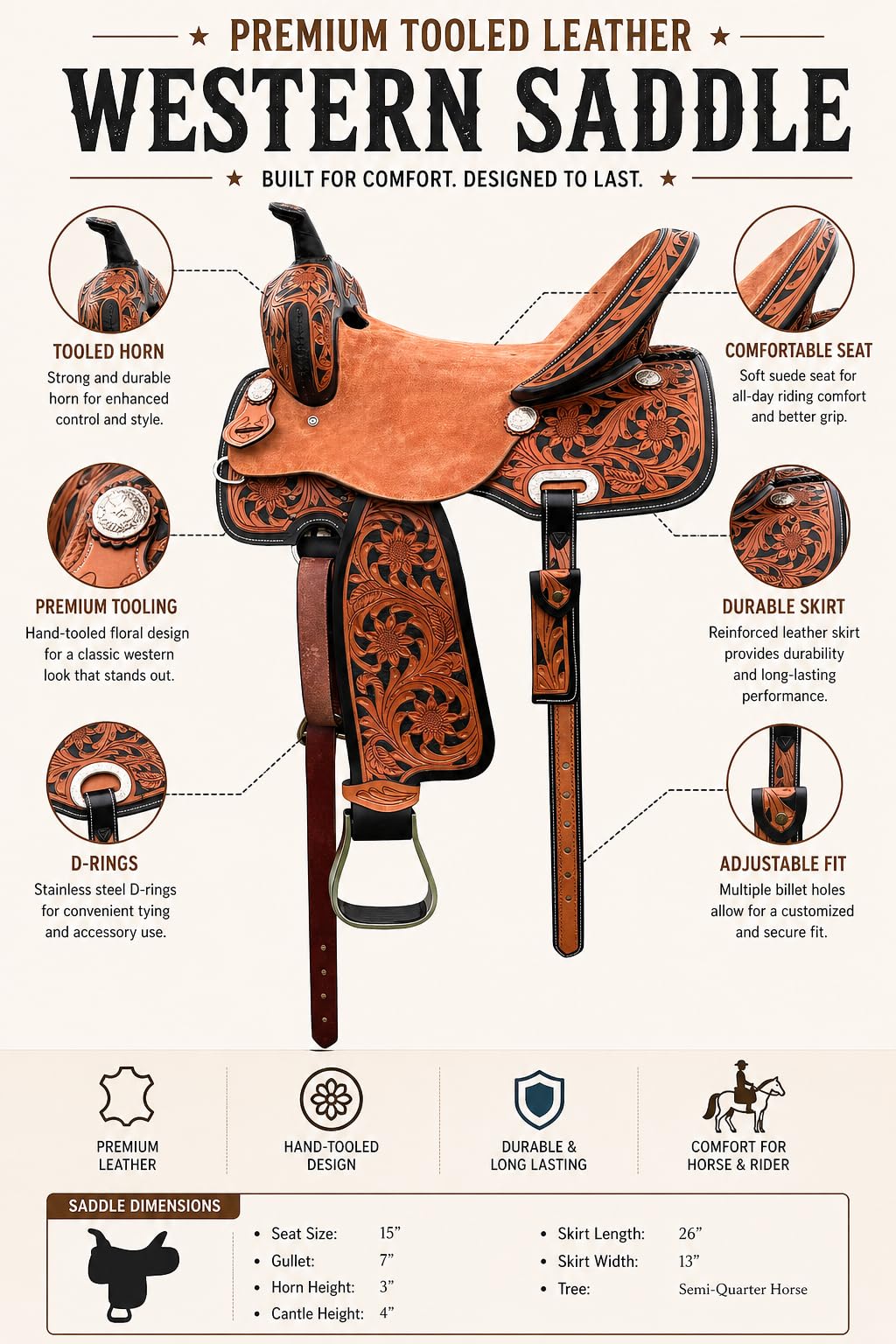 Western Horse Saddle - Juego de tachuelas de cuero, estribos ajustables hechos a mano y aparejo duradero, para montar en senderos, ranchos y placer (10 a 18 pulgadas) ST-258