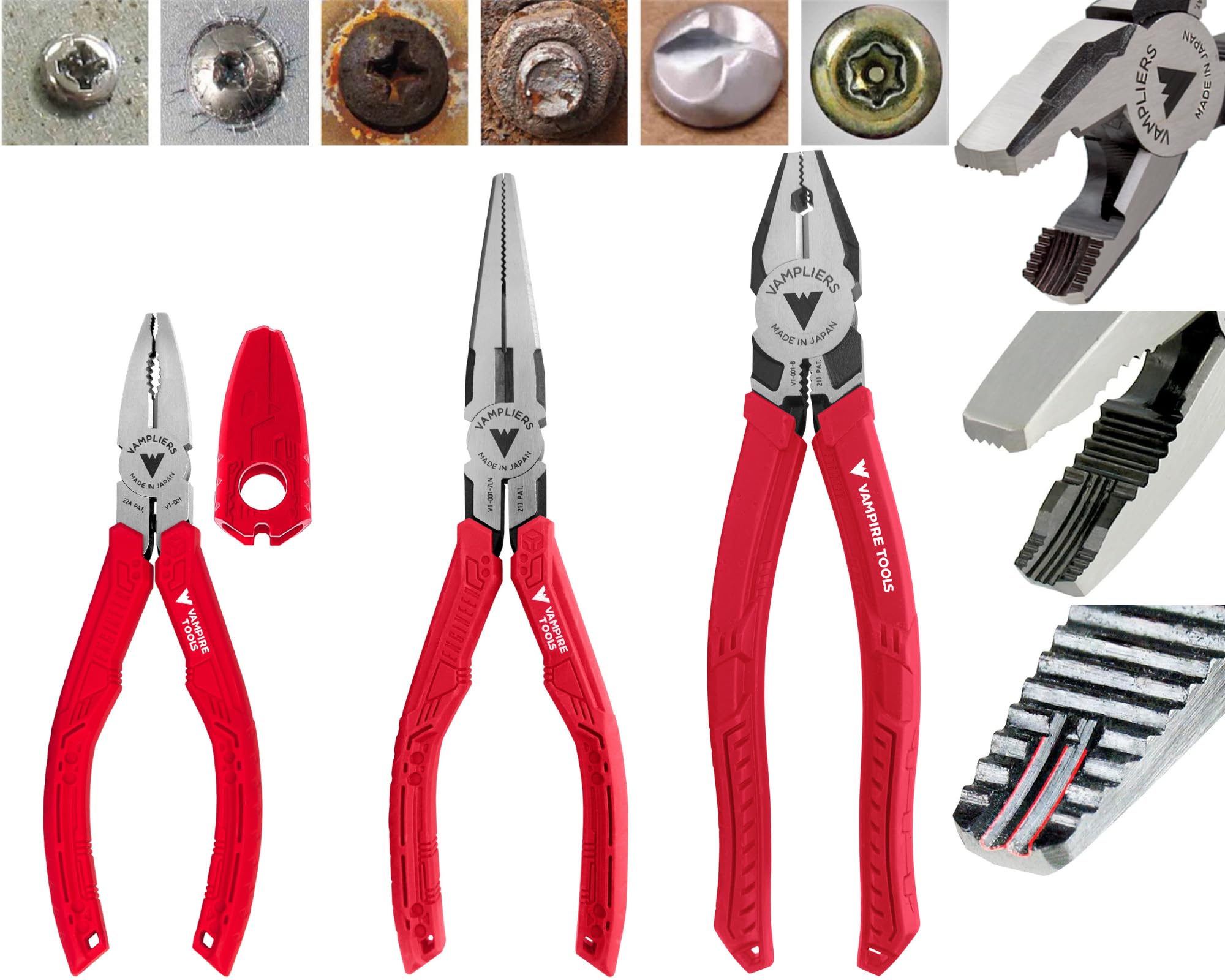 VAMPLIERS 3-PC Screw Extractor Pliers Set. Made in Japan: 8" Linesman, 7" Long Nose & 6.25" Combination Pliers. Stripped Screw Removal Tools with