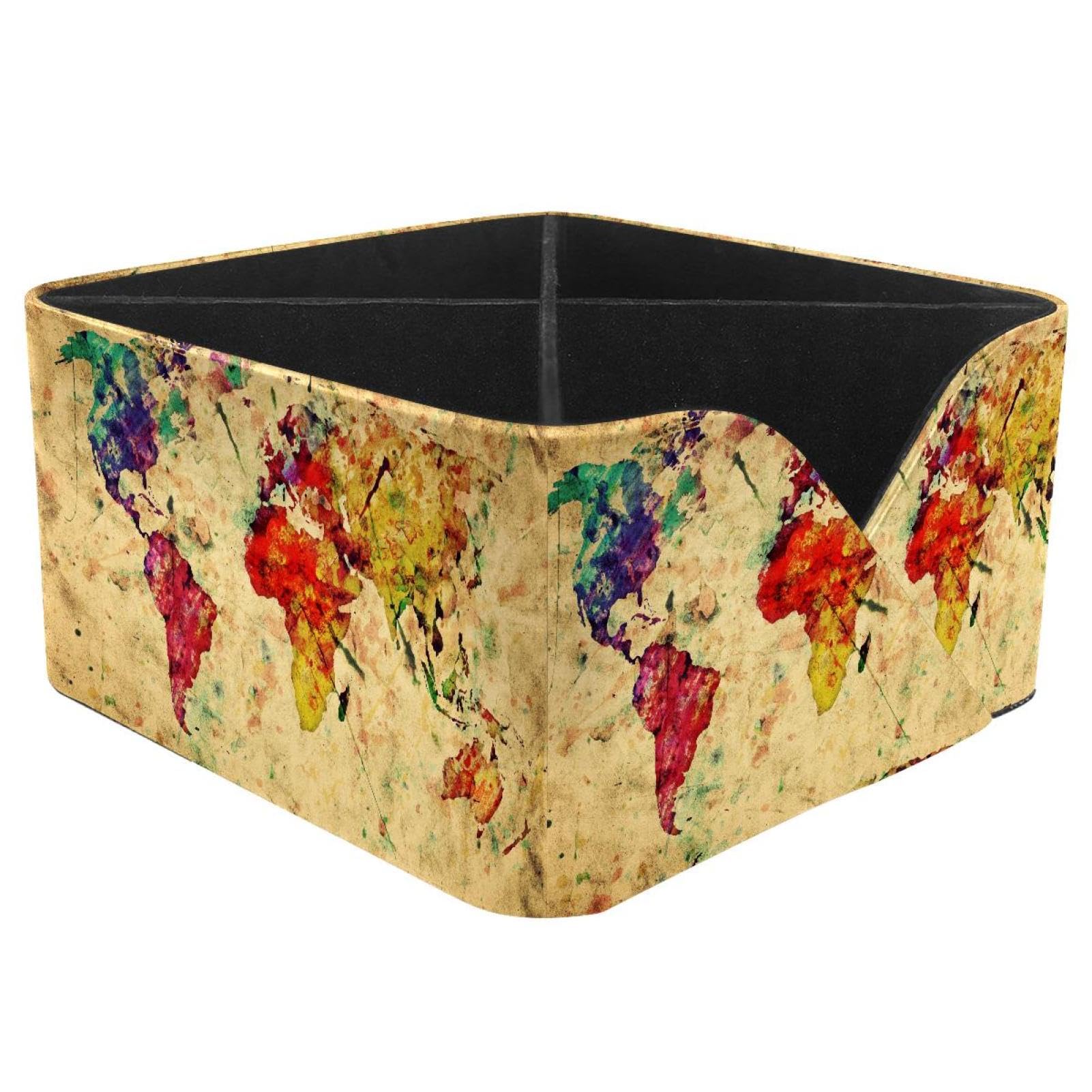 KengjuTesu Vintage World Map Desktop Organizer Pen Holder, Rectangular Pencil Cup for Office, Study and Makeup Stations