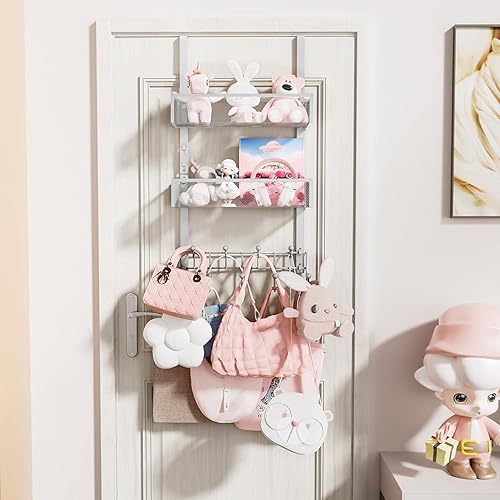 Miniatura 86 de HapiRm Gancho para puerta con 2 cestas de malla y 9 ganchos, acero inoxidable 304 sin perforaciones sobre el colgador de puerta, organizador