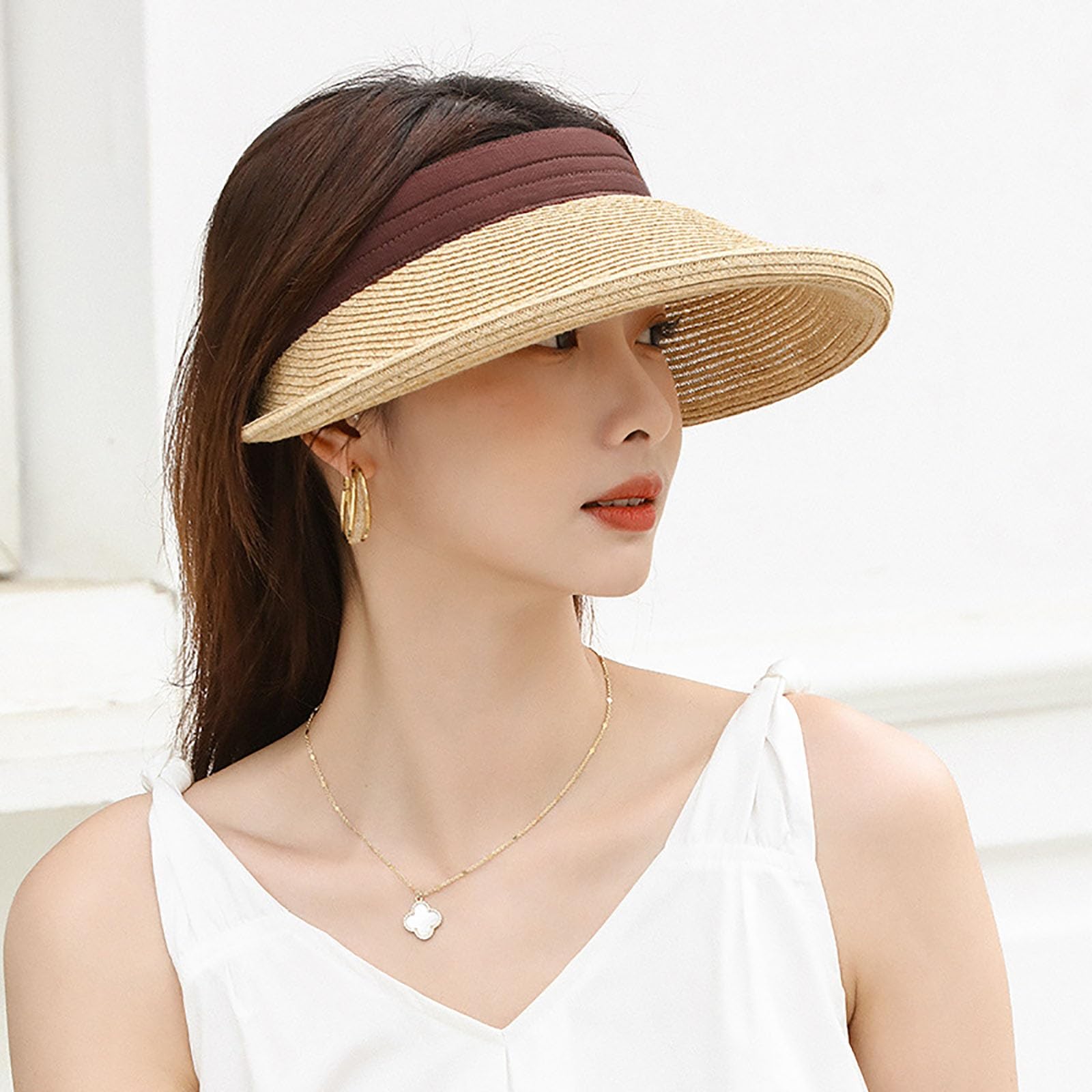 Sombreros De Paja para Mujer, Sombrero Viseras Mujer Verano De Paja Vacío con ala Grande Viseras para El Sol para Mujer Playa Viaje Vacaciones