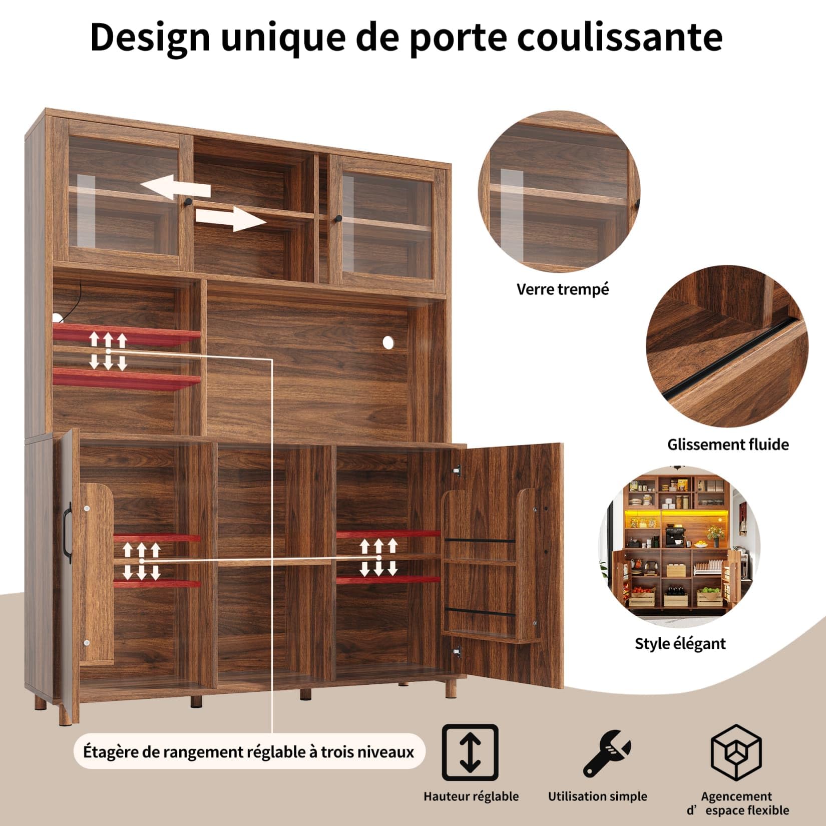 Buffet Haut de Cuisine,Armoire de Salon Moderne,Buffet Salle a Manger,Meuble de Rangemen avec étagères réglables et éclairage LED,2 Portes coulissante en Verre,140x40x185cm (Marron Noyer)