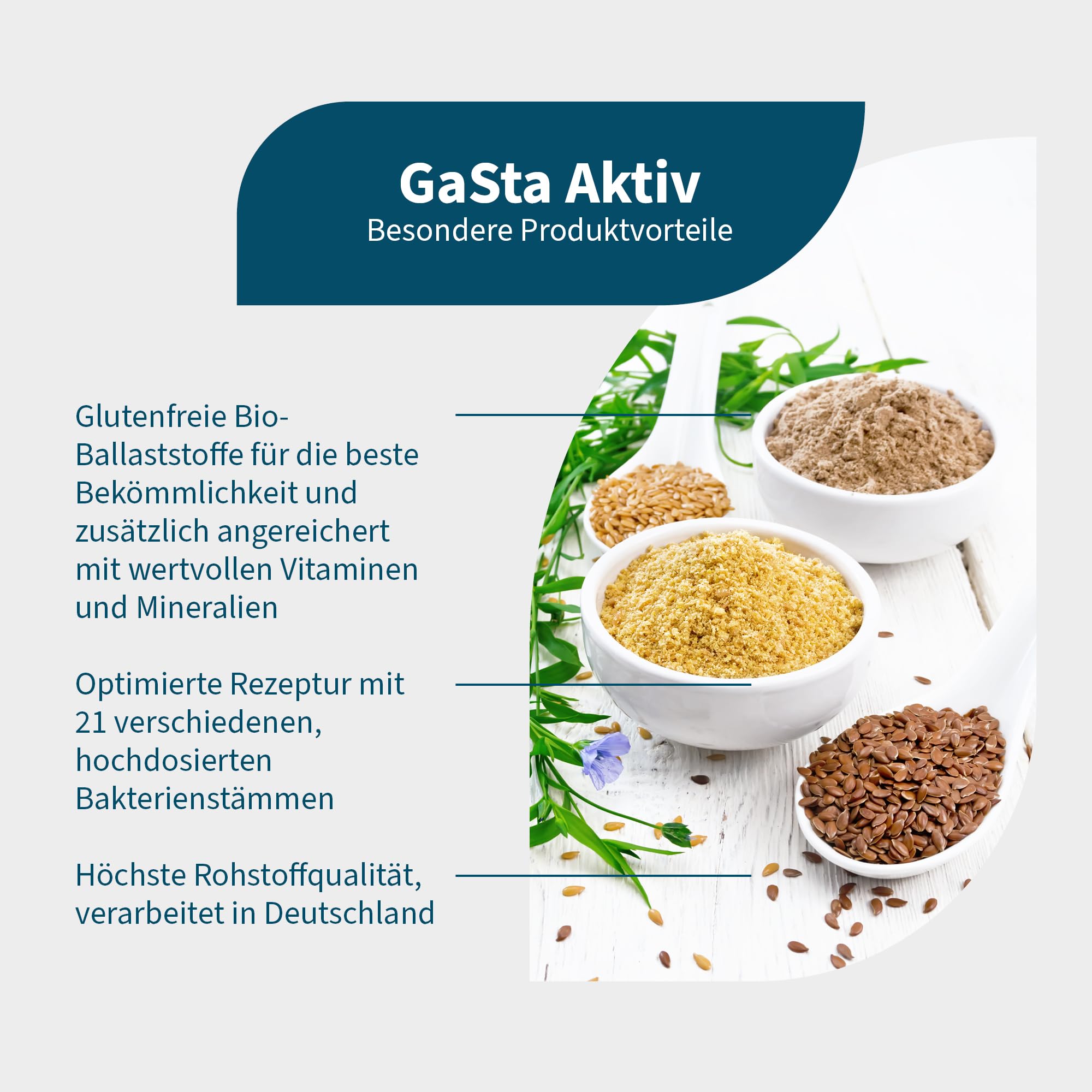 NatuGena GaSta Aktiv, glutenfreie Ballaststoffe (Akazienfaser),Flohsamenschalen, Leinsamen, Bakterien, Vitamine & Mineralstoffe, 623 g Pulver (1 Monats Packung)