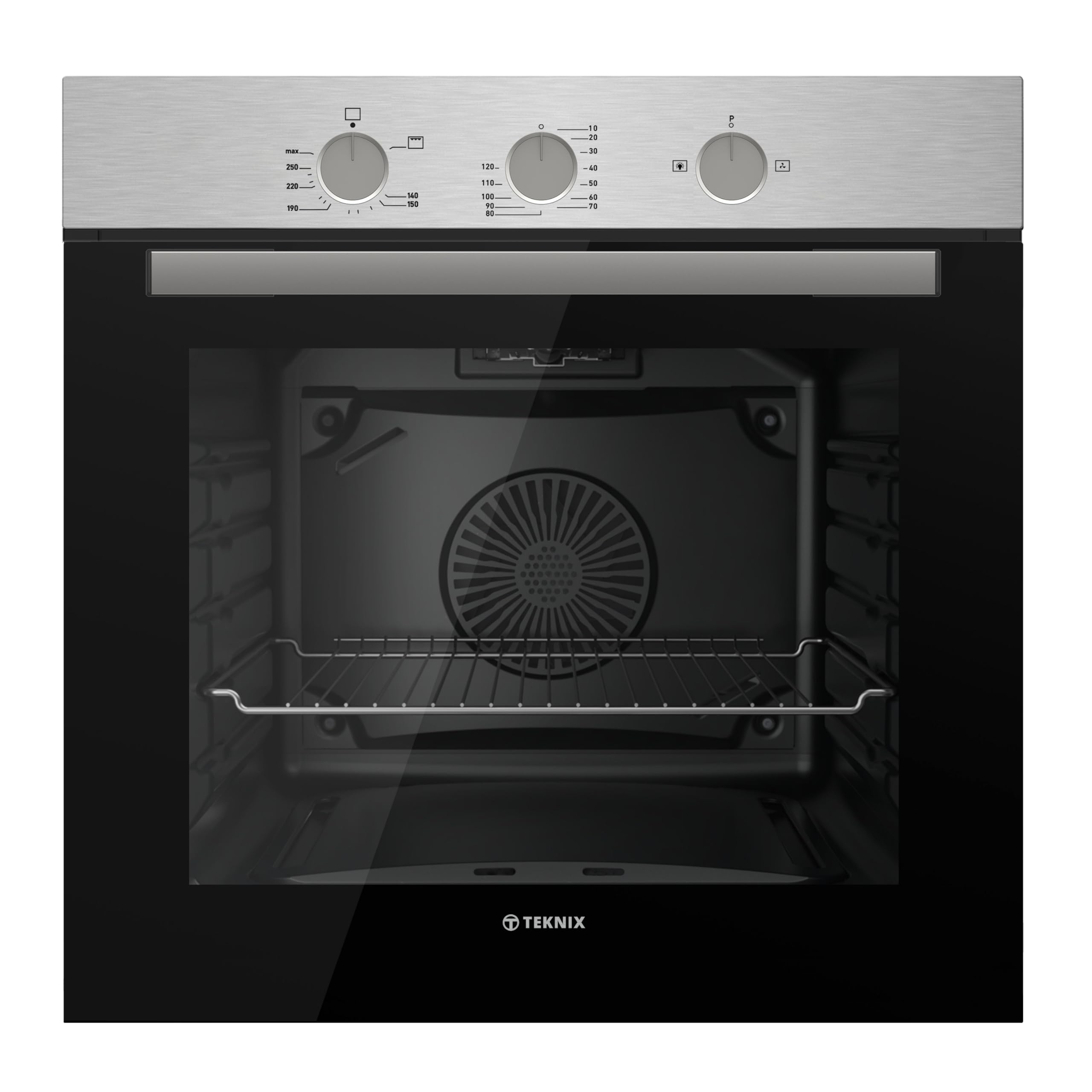 Teknix BITK263GSX Four Intégré Gaz 60cm - Intégré avec une capacité de 63L - GPL Convertible - Minute Minder Mécanique - Double vitrage - Acier inoxydable, L59,5 x H59,5 x P55,0 cm