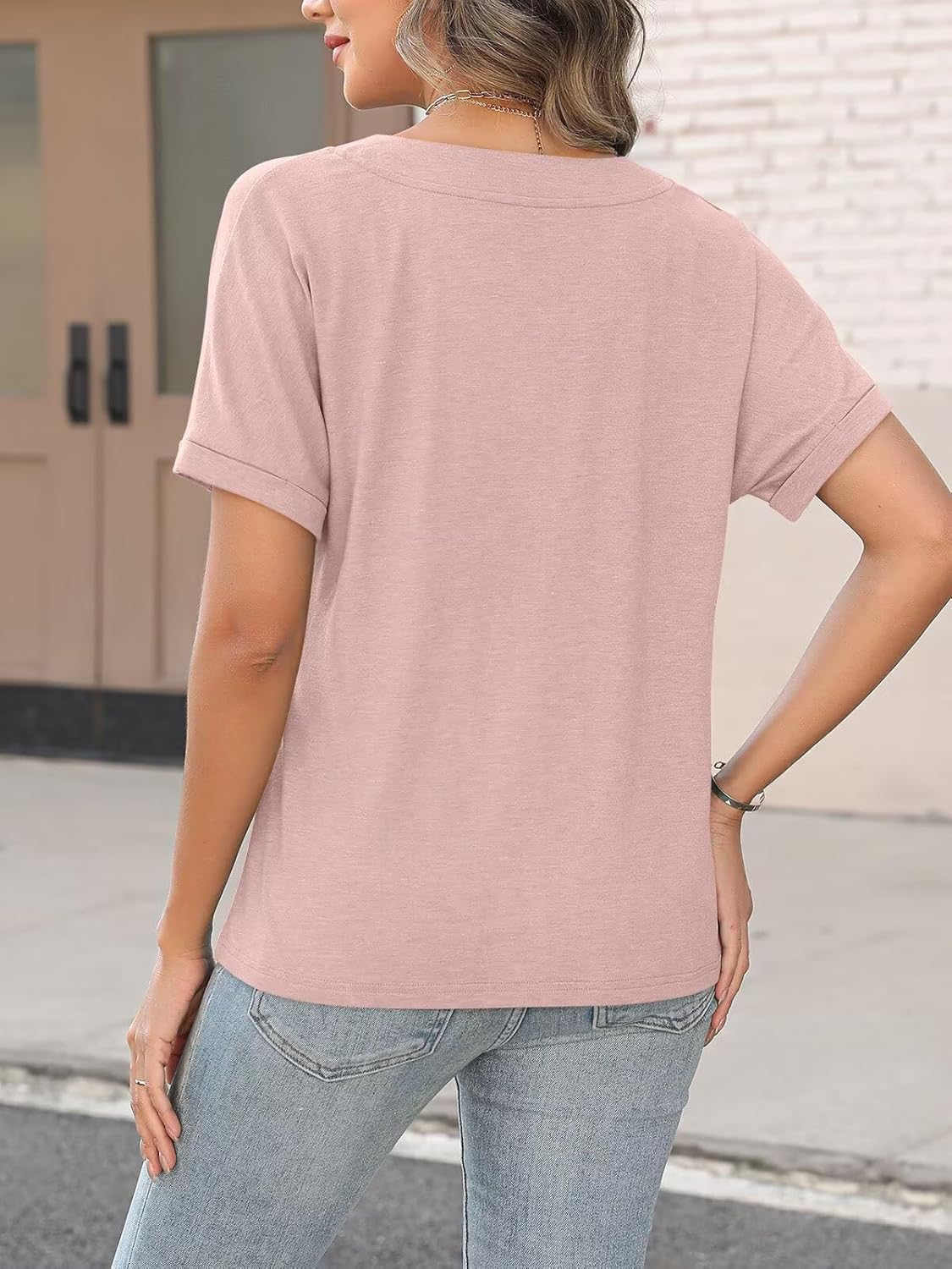 ORANDESIGNE Women's Short Sleeve V Neck Tops Casual Button Down Summer T Shirts Basic Ladies Tees - Image 2