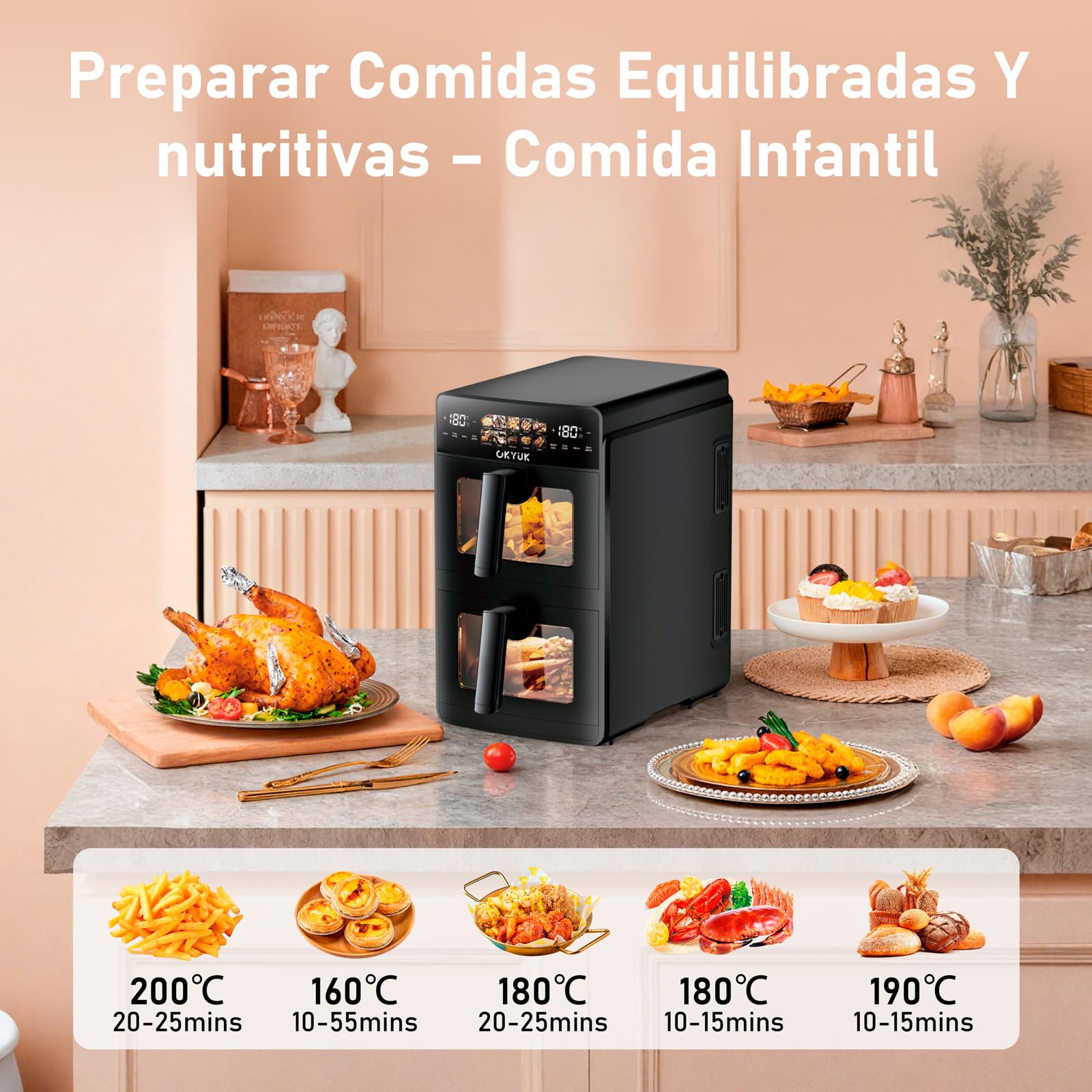 OKYUK Friggitrice ad Aria 10 Litri Double Stack XL, Friggitrice Aria 2 Scomparti, 10 Funzioni di cottura, Air Fryer calda a doppio strato con finestra,Design salva-spazio Nero