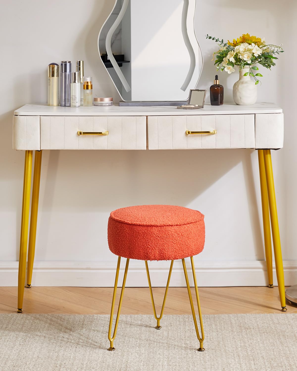 IBUYKE Poggiapiedi Rotondo in Velluto, Ottomano per Trucco Vanity, Soggiorno Camera da Letto, Arancione WBD009J