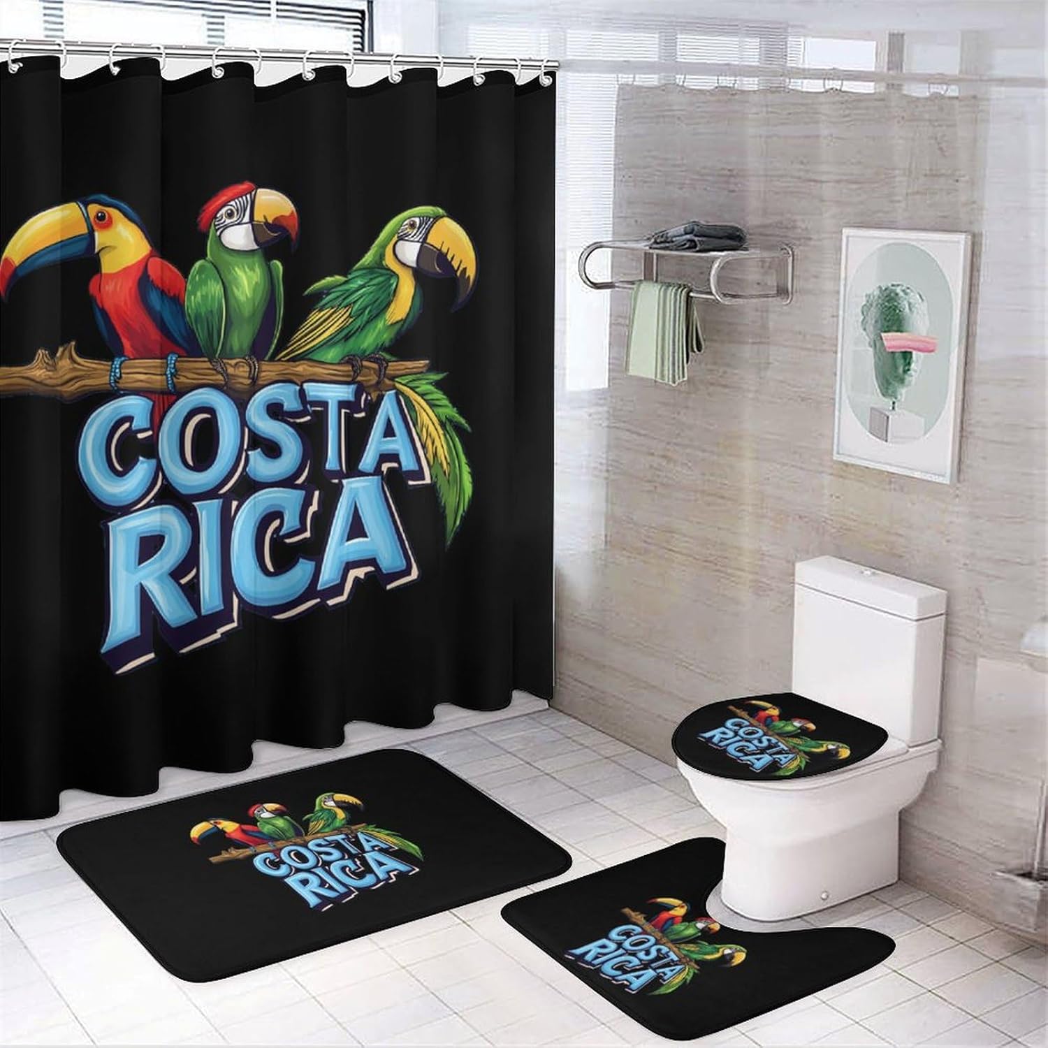 Costa-Ri-ca Tropical Bird Bathroom Sets with Shower Curtain and Rugs 4 Piece with U-Shaped Floor Mat Toilet Lid Cover