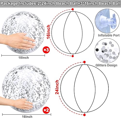 Miniatura 46 de TURNMEON 5 bolas de playa con purpurina, lentejuelas gigantes de 24 pulgadas y 16 pulgadas, bolas de playa inflables rosas para niños y adultos