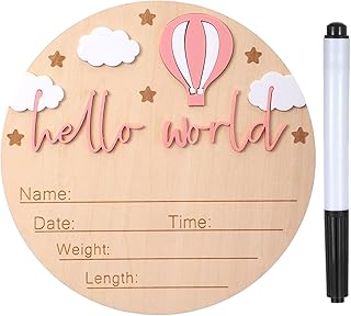 Hello World Baby Announcement Sign - 6 Inch Wooden Newborn Photo Prop with Pen, Hot Air Balloon & Cloud Decor - Perfect for Birth Announcement, Hospital Photos (Pink)
