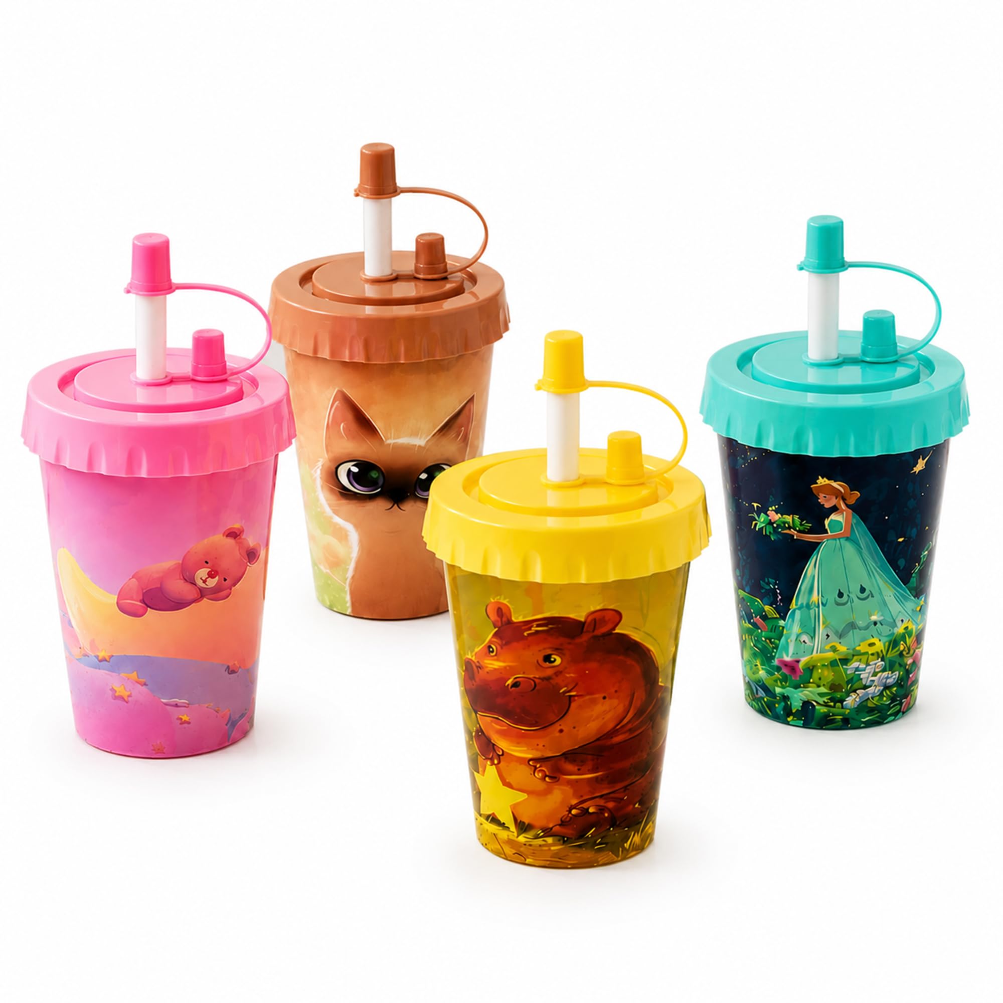 Kids Sipper Cups, 150ml Leak-Resistant Sippy Bottles with Straw & Lid, Cute Cartoon Print Water Bottle for Boys & Girls, BPA Free Plastic Sipper Cup for Toddlers, School, Travel & Home Use (Set of 4)-image-13