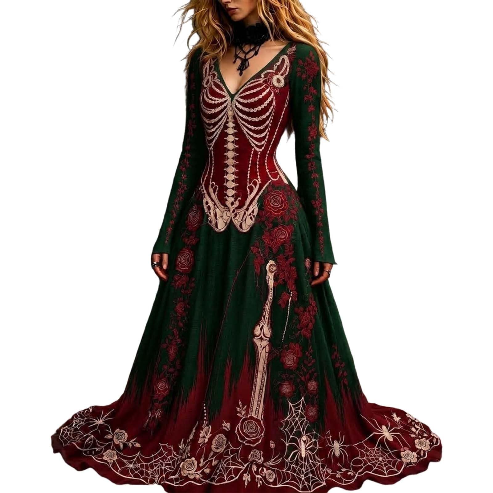 Halloween Dresses for Women UK,Ladies Long Sleeve Gothic Skeleton Costume