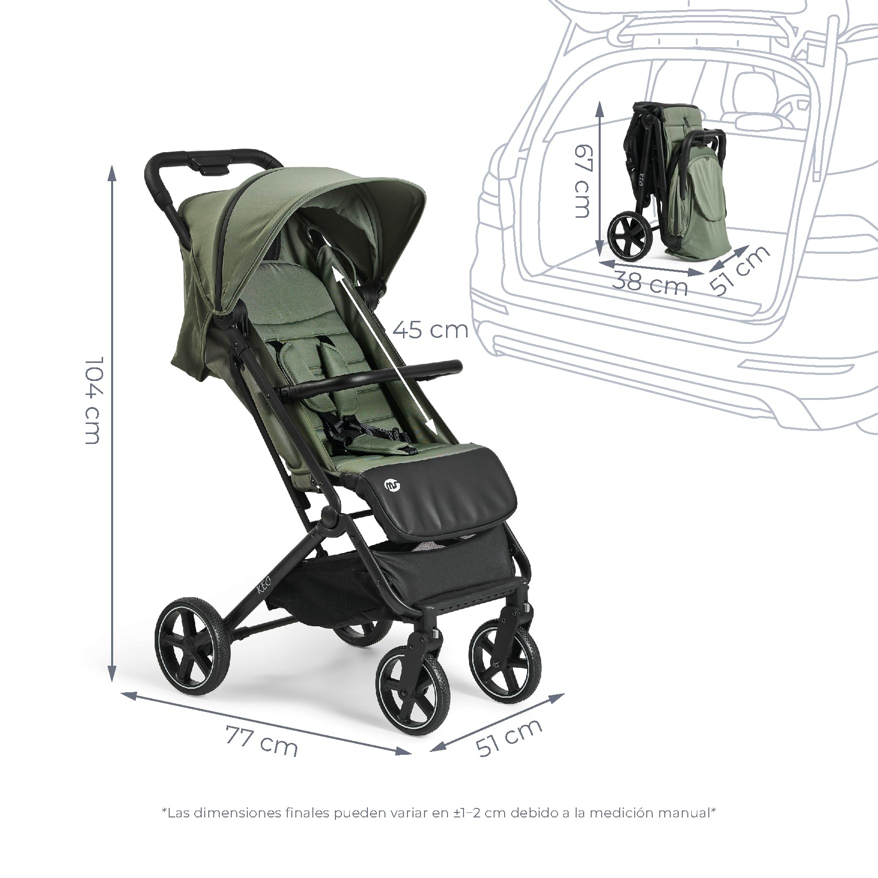 MS BabyWorld – Keo – Silla de paseo ligera hasta 22 kg | Capota extensible | Plegado tipo libro | Ultraligera y compacta | Ruedas grandes (Verde)