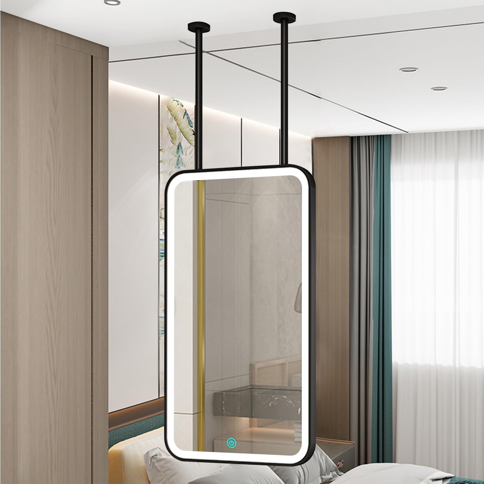 Miroir LED suspendu plafond métal noir double perche miroir maquillage mural