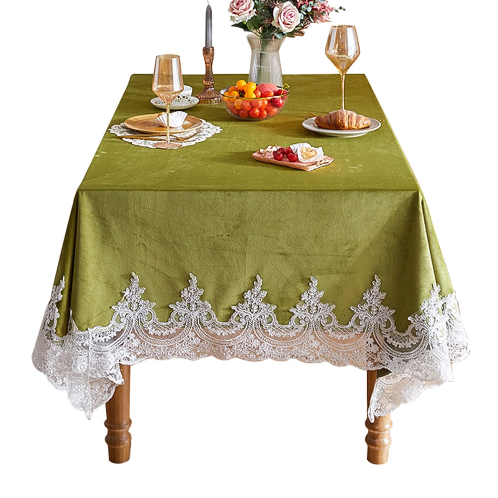 Nappe velours vert lavable avec dentelle blanche pour table de salle à manger