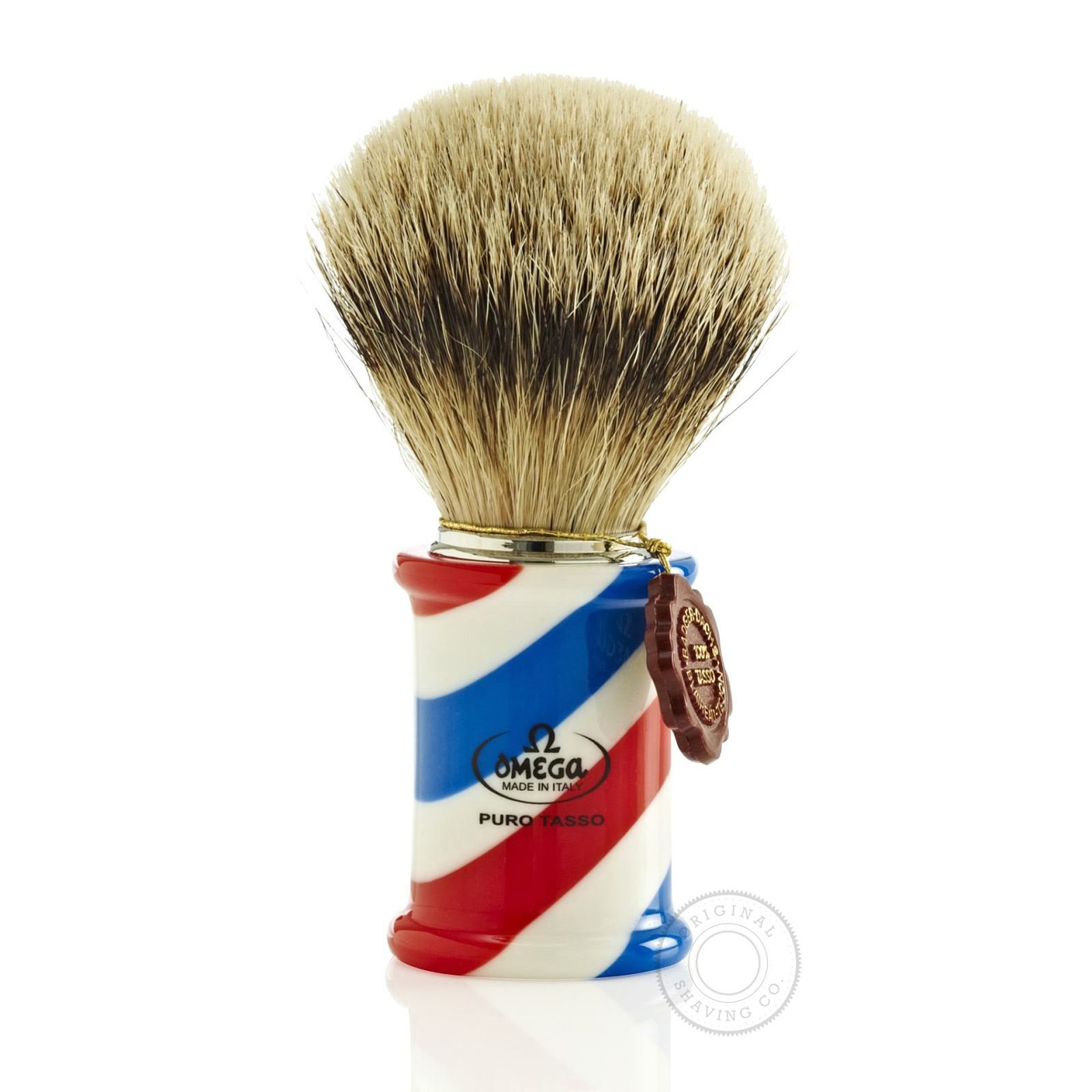 Omega 6735. Pennello da Barba in Tasso. Manico tricolore in Resina Barber Pole