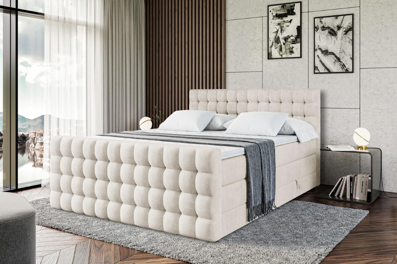 ALTDECOR Boxspringbett mit Matratze und Lattenrost, Topper, Fußteil, Polsterbett mit Bettkasten, Bett mit Stauraum H3- und H4- Matratze,Springboxbett - VIONE-Z King - 200x200 - Beige Samt