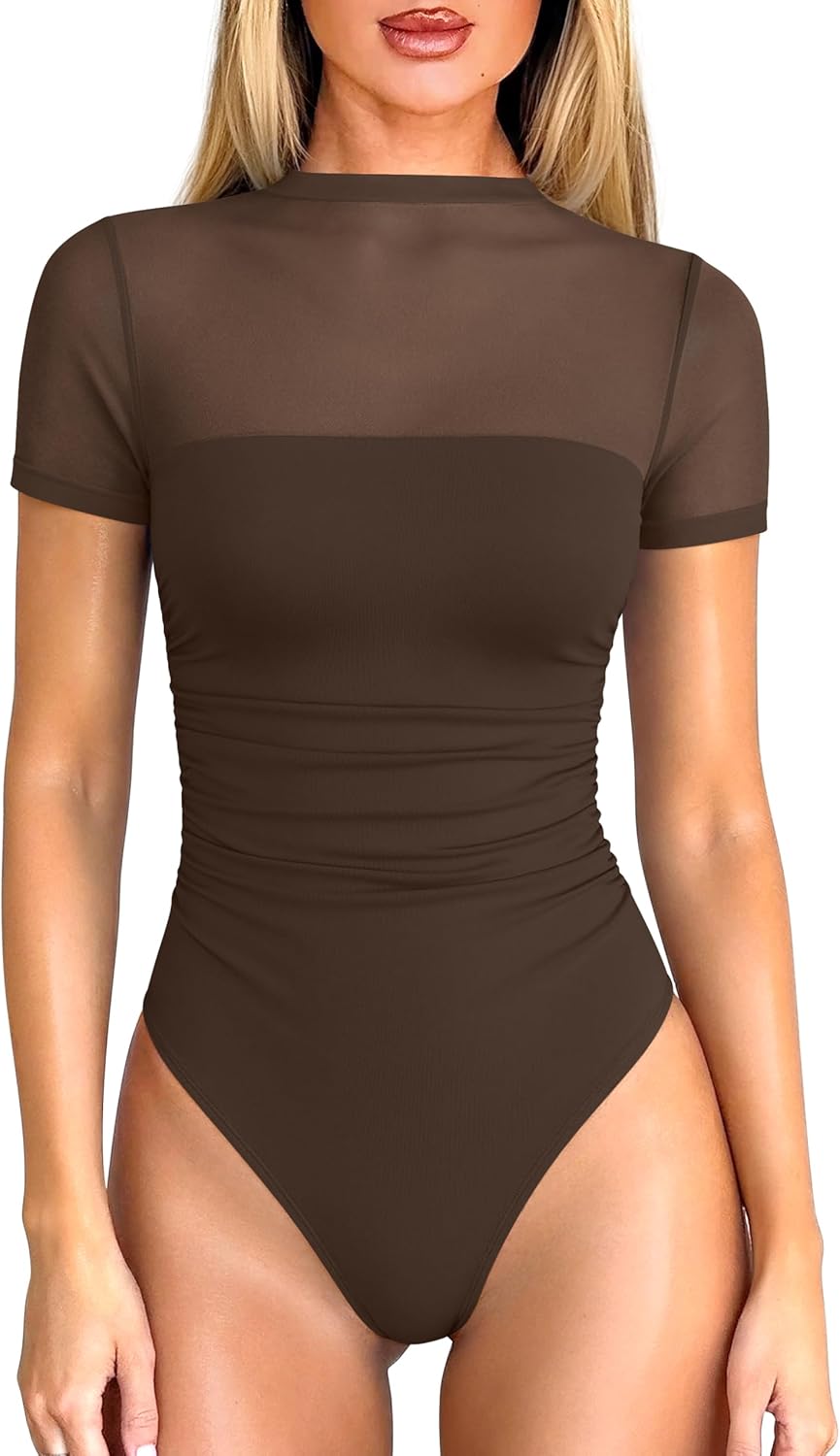 OQQ Women Short Sleeve Bodysuit Tummy Control Shapewear Mesh One Piece Leotard Shirts Going Out Tops