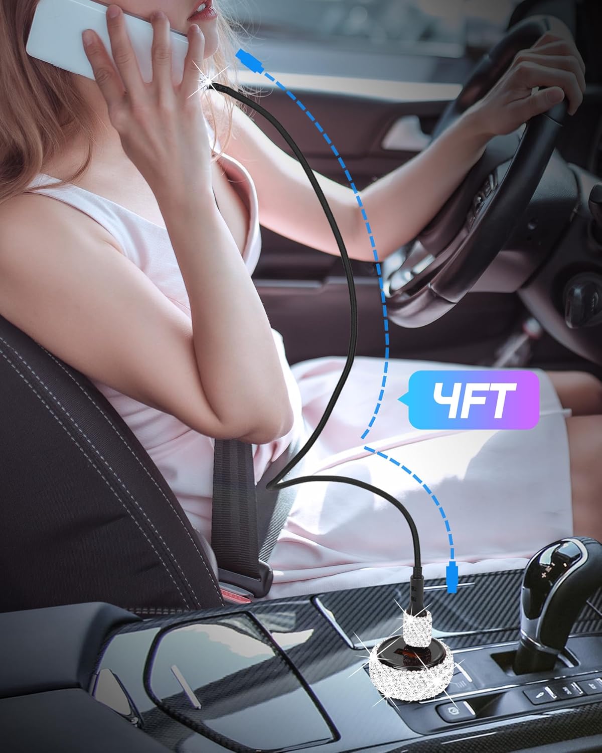 Bling USB C Car Charger, 48W USB Cigarette Lighter Dual Port Fast Charging Adapter with 3.9FT Type C Cable Compatible for iPhone 17 16 15 Pro Max iPad Android(White) - Image 5