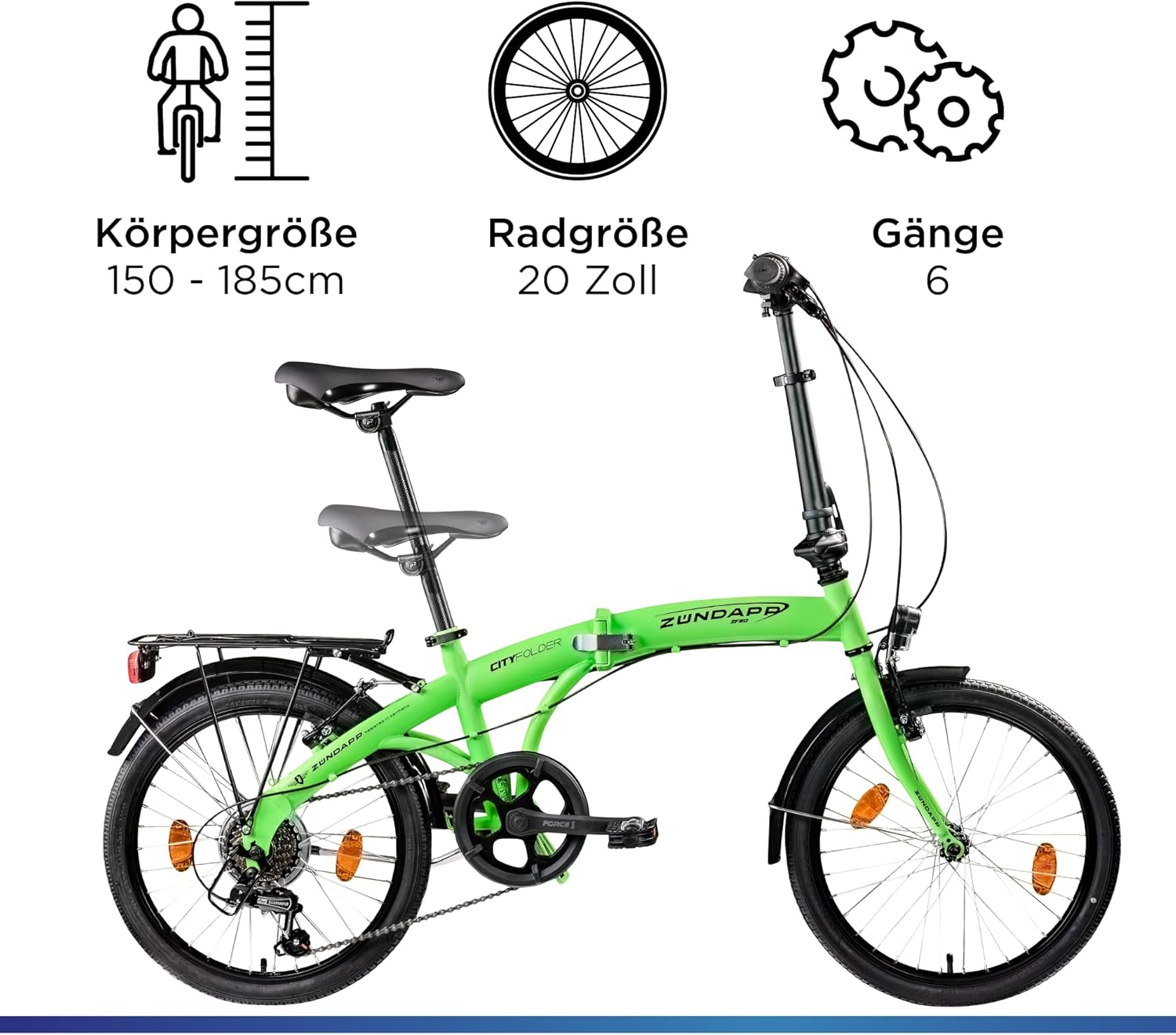 Infographic detailing ZÜNDAPP ZF20 Speed Folder specifications: recommended height 150-185cm, 20-inch wheel size, and 6 gears.