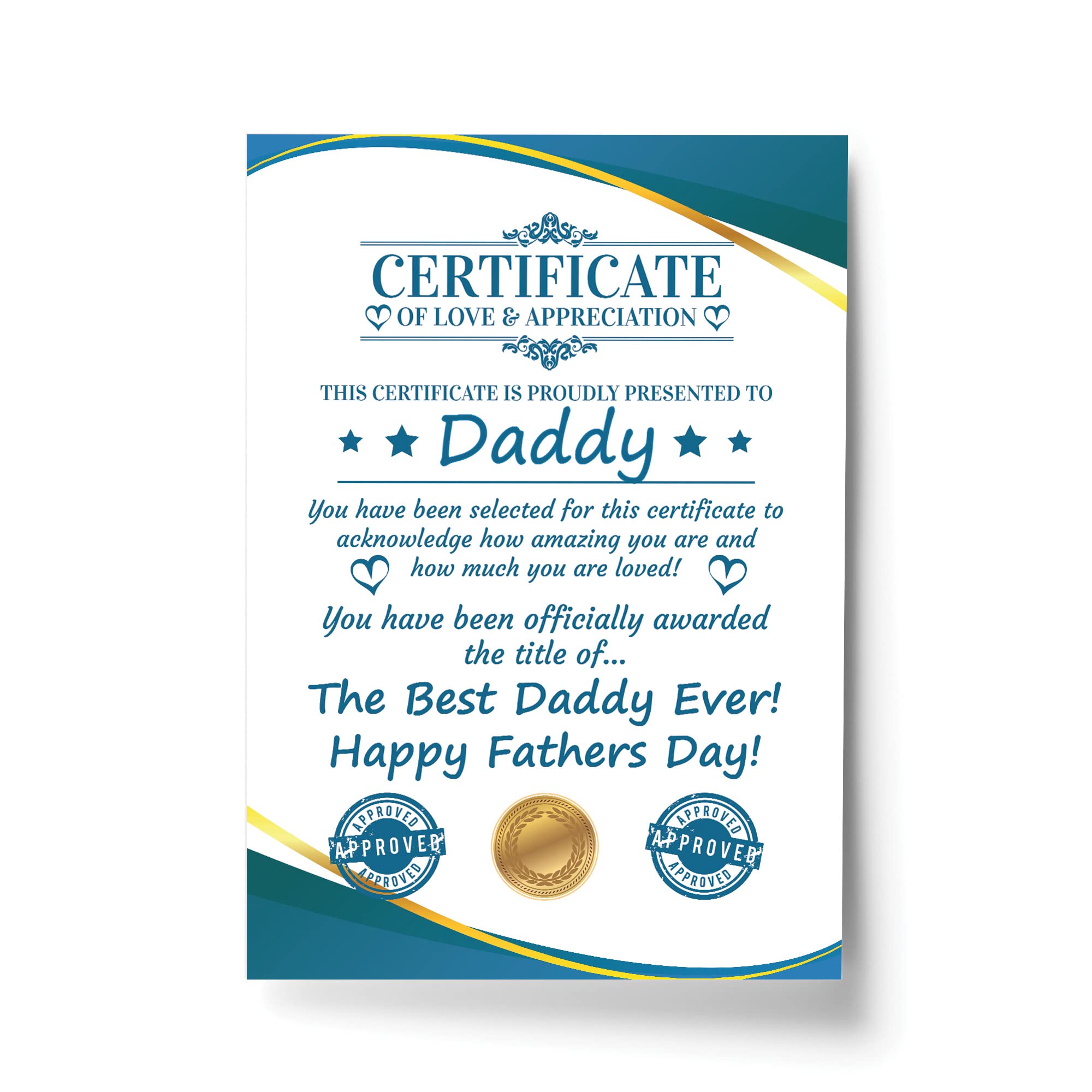 RED OCEAN Fathers Day Gift For Daddy CERTIFICATE Best Daddy Thank You Daughter Son Gift