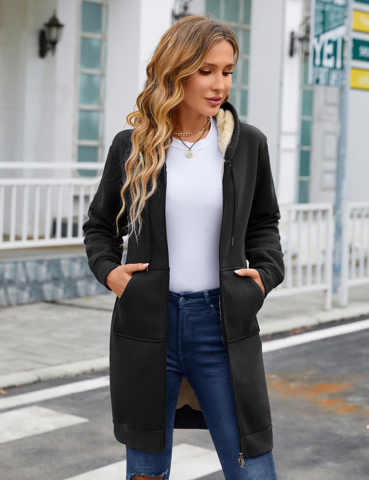 Nadeer Sudaderas con Capucha Abrigo Mujer Sherpa Liso Felpa Cremallera Medio-Largo Casual Cálido Fleece Cordón Señoras Sudadera