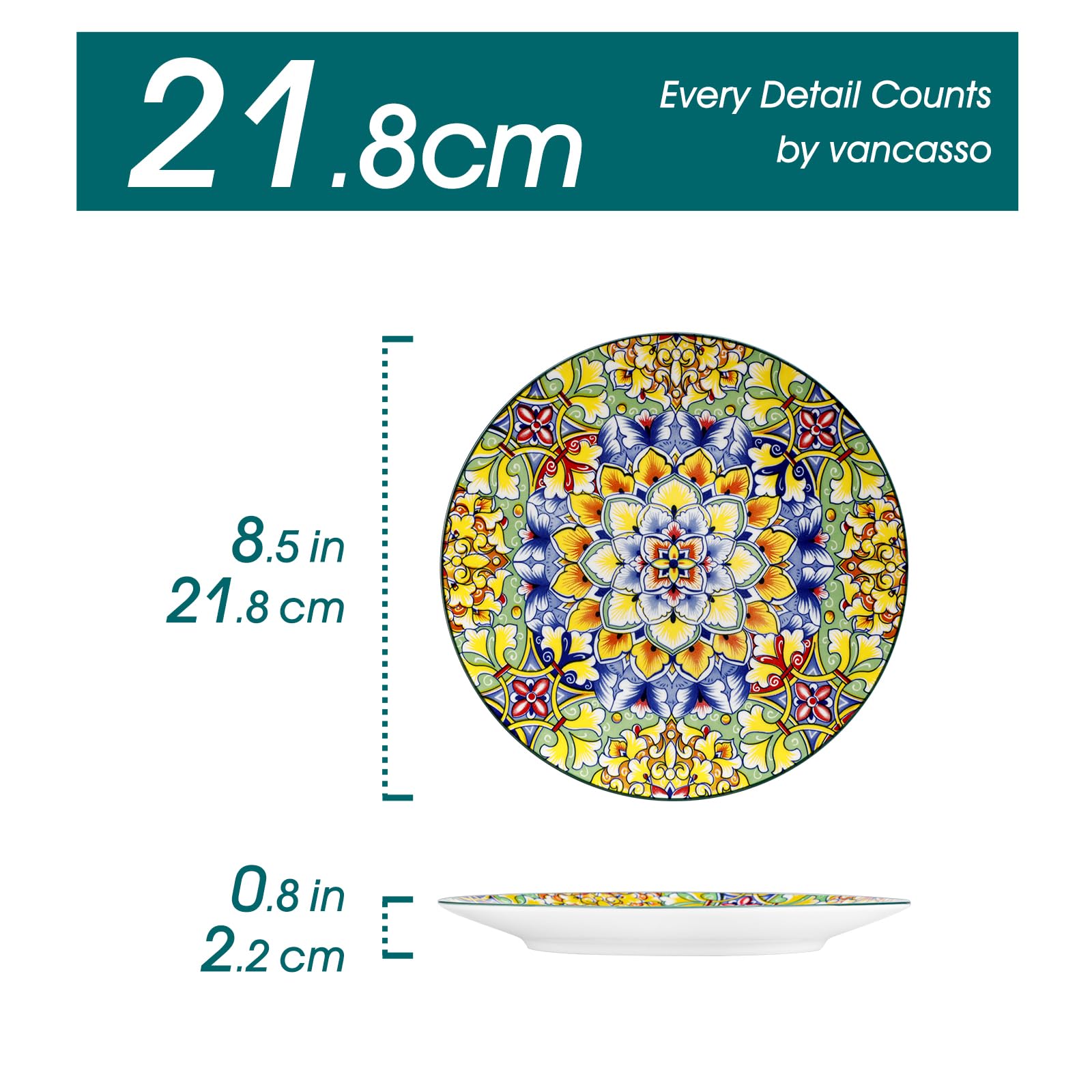 vancasso Serie SIMI Set di 6 Piatti, 21.8cm Piatti Dessert Colorati in Ceramica, Piatti da Insalata Cucina, Piatti da Pasta Spaghetti, Forno a Microonde e Lavabile in Lavastoviglie, Stile Bohémien