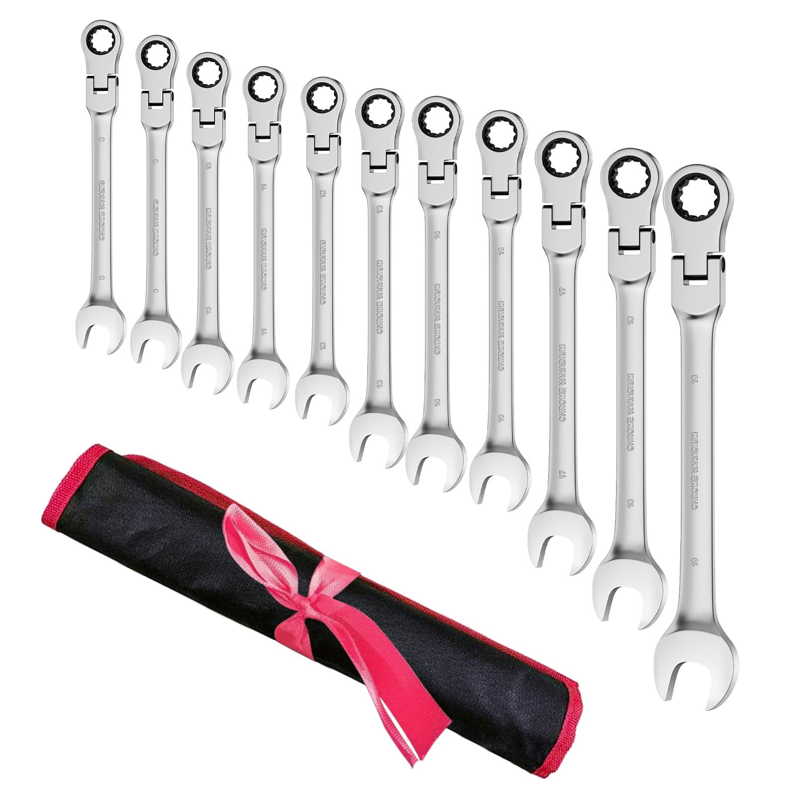 Anesty Lot de 11 clés mixtes à cliquet à tête flexible 72 dents métriques 8-19 mm en acier au chrome vanadium avec pochette de rangement, pour réparation de voiture, entretien industriel