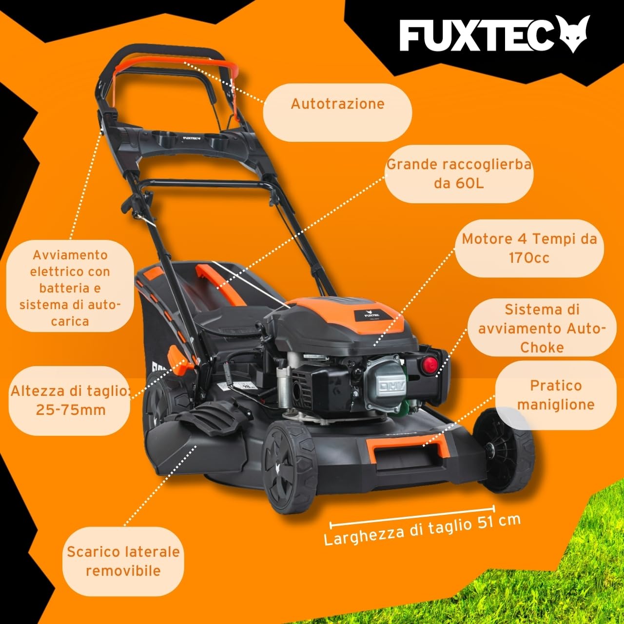 FUXTEC Tagliaerba a scoppio semovente RM5170eS 4in1-4 CV,Tosaerba a benzina 4 tempi trazionato avviamento elettrico,Larghezza di taglio 51cm - cesto raccoglierba 60L,mulching scarico laterale