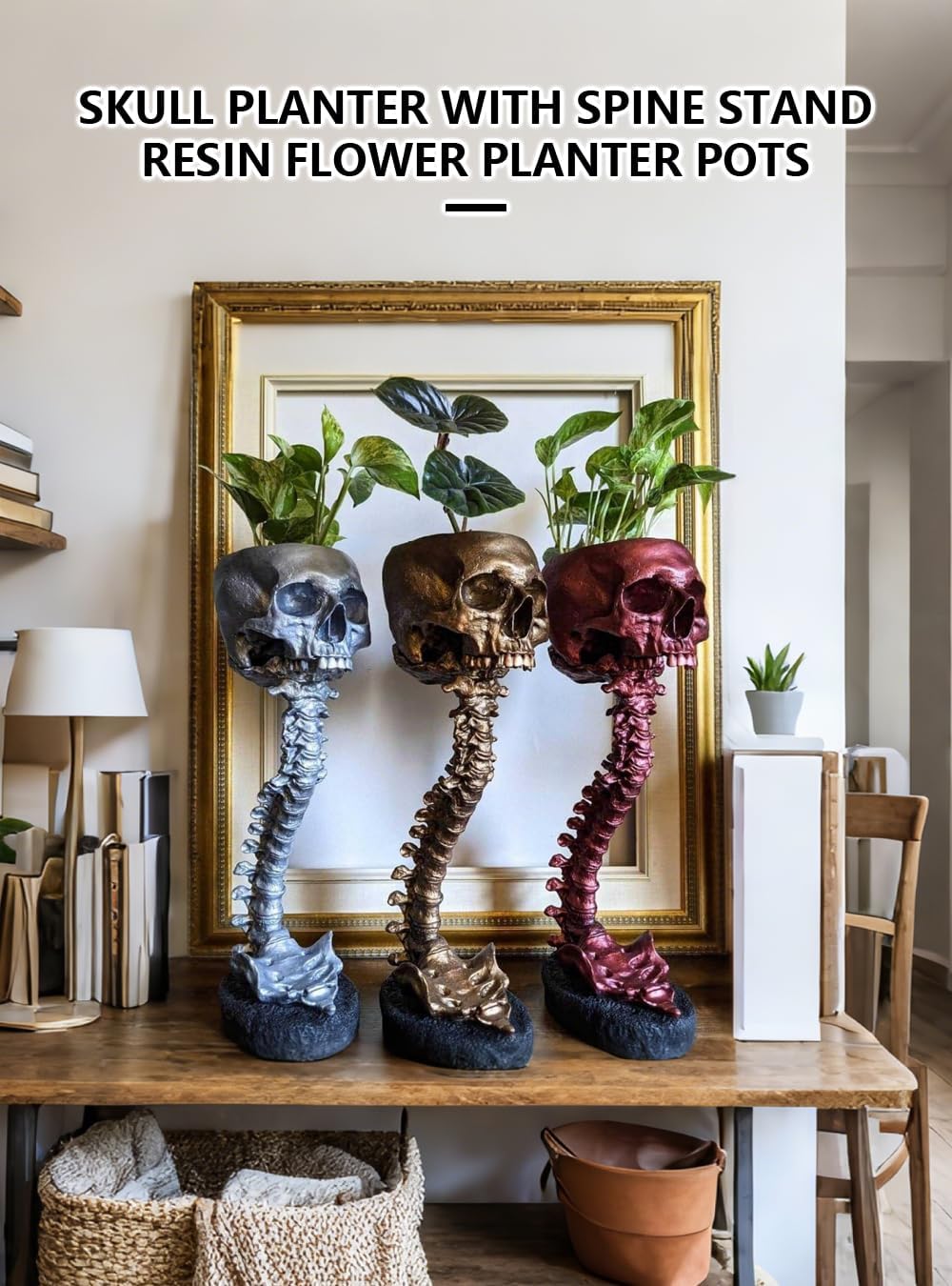 Skull Planter with Spine Stand, Resin Skull Head Flower Succulent Cactus Planter Pots, Skeleton Flower Gothic Vase Decor for Home Office Desk Decorations,Halloween Scene Statue Sculptur (Black)