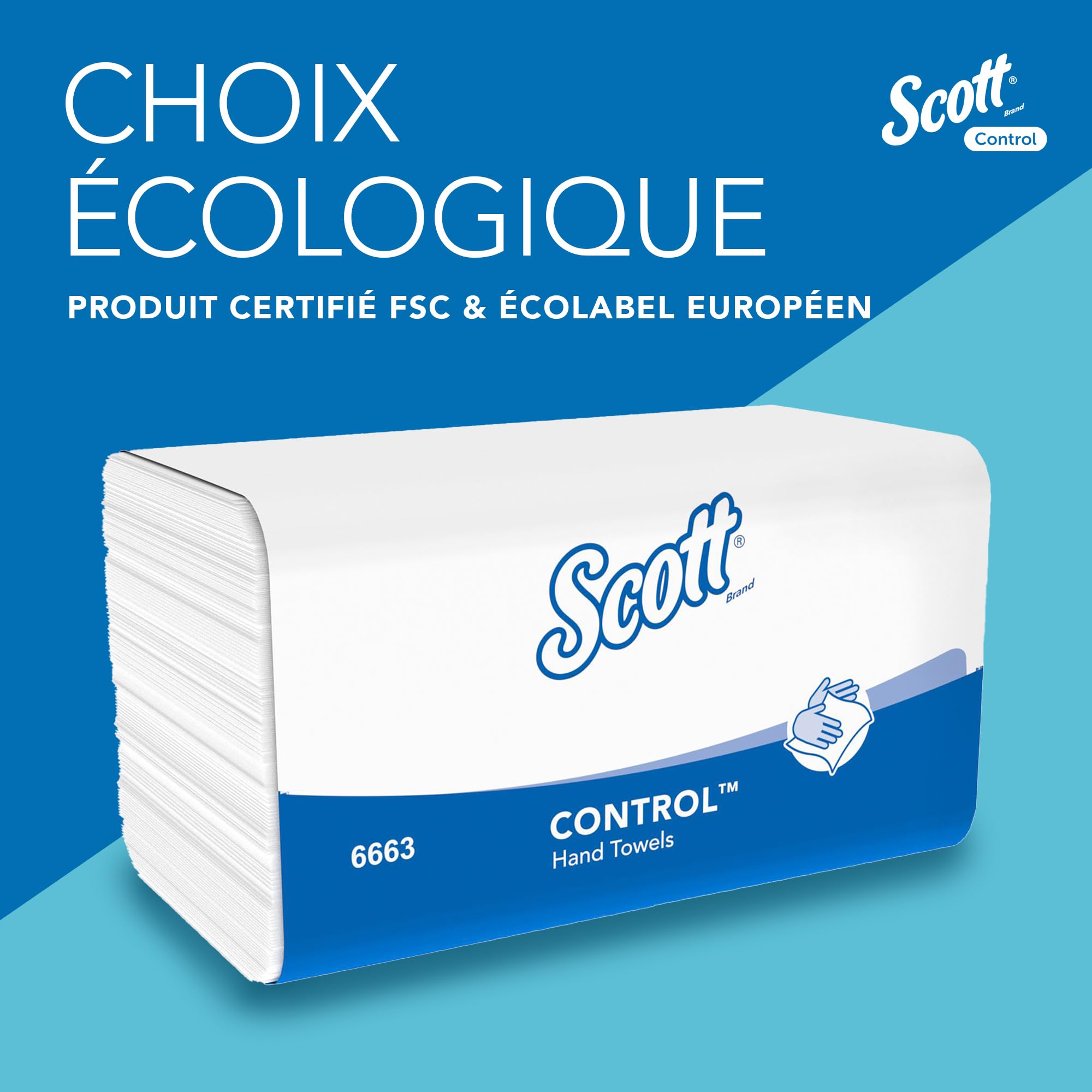 Scott Control 6663 Essuie-Mains en Papier 3 Épaisseurs, Pliés en V, Blancs – Ultra-Doux, Certifiés FSC & Écolabel, pour Hygiène Professionnelle – 15 Paquets x 212 Feuilles (3 180 au Total)