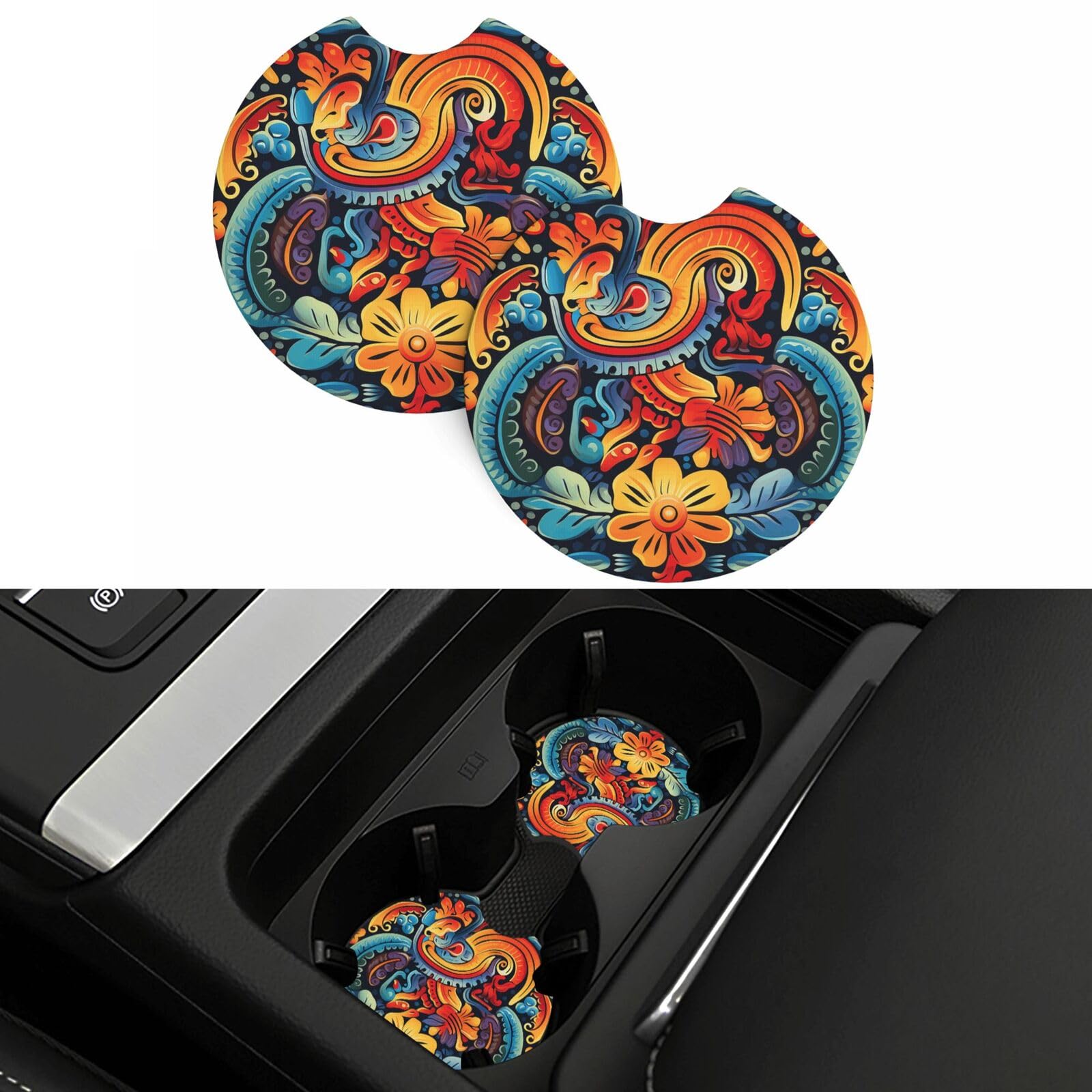 Mexican Car Coasters 2 Pcs, Universal Non-Slip Rubber Car Cup Holder for Cup Holders, 2.75 Inch Neoprene Cup Pad Mat Coaster Car Interior Accessories for Women Men